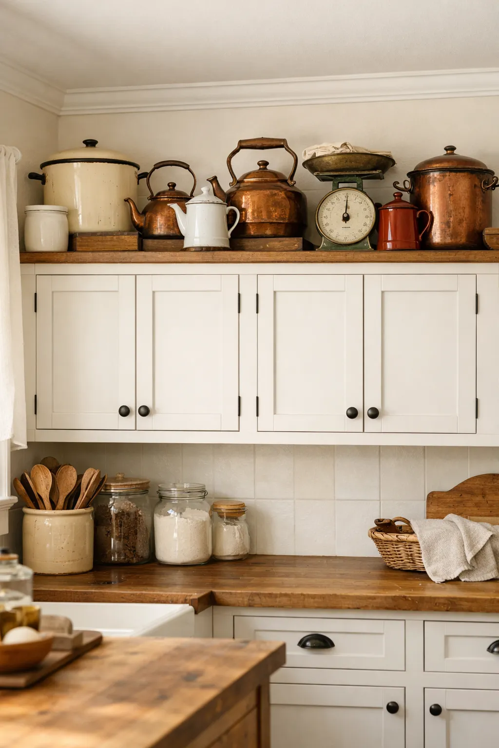 Vintage copper kettles and enamel cookware displayed above kitchen cabinets.