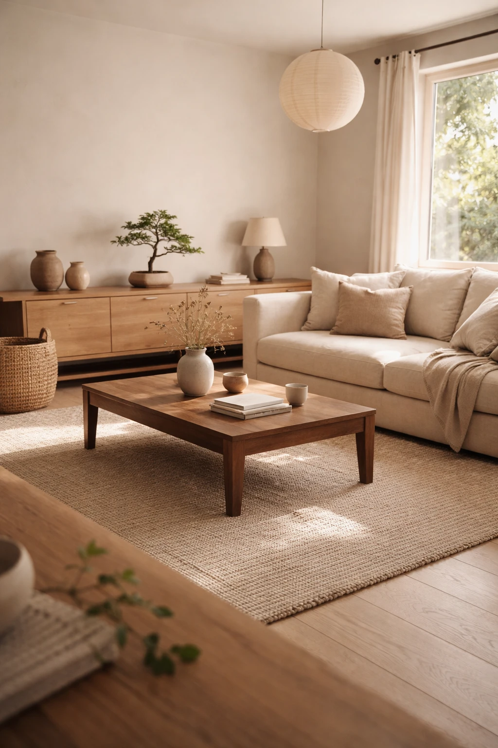 Japandi living room with warm oak furniture and neutral linen sofa.