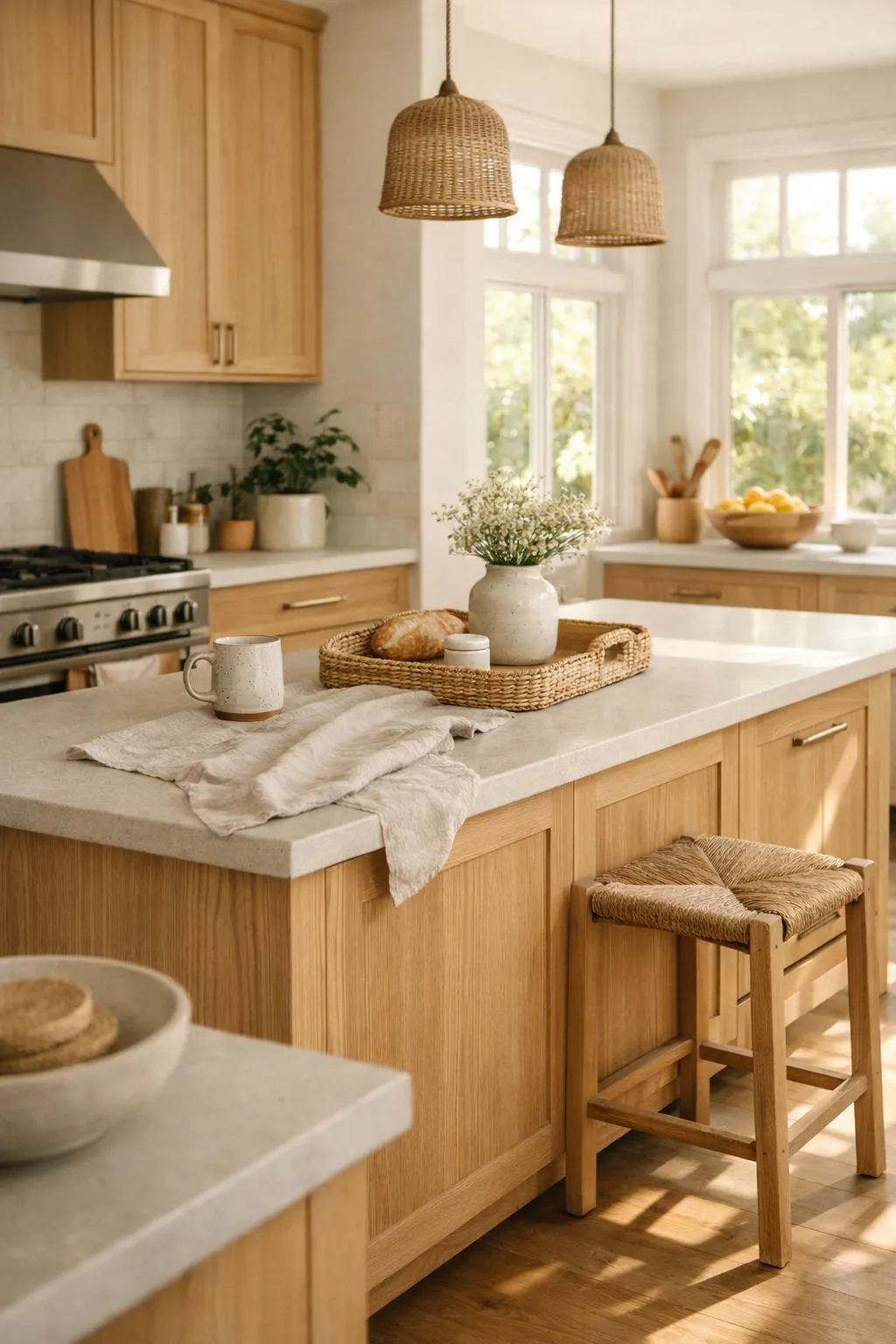 A sunlit kitchen with white oak cabinets, pale counters, and soft warm light creating a calm natural atmosphere.