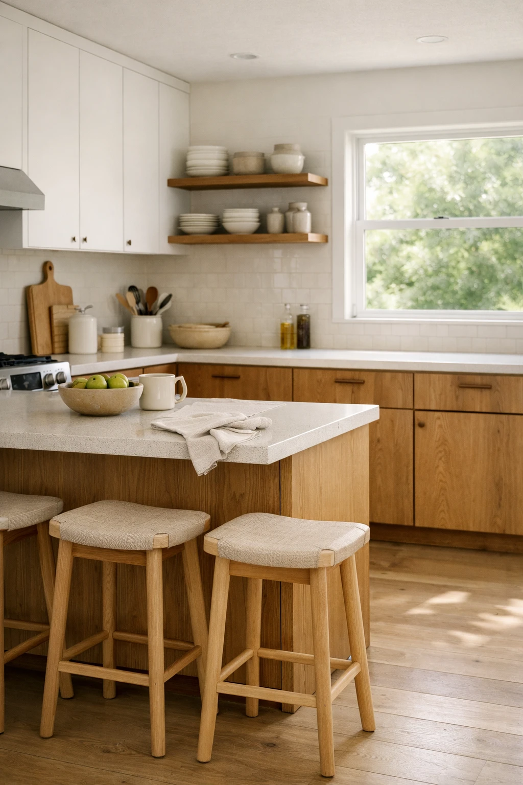 Bright mid century kitchen with white cabinets and wood accents
