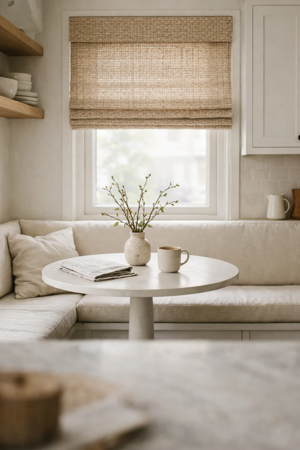 A cozy kitchen breakfast nook placed beside a bright window with soft cushions and a simple round table.