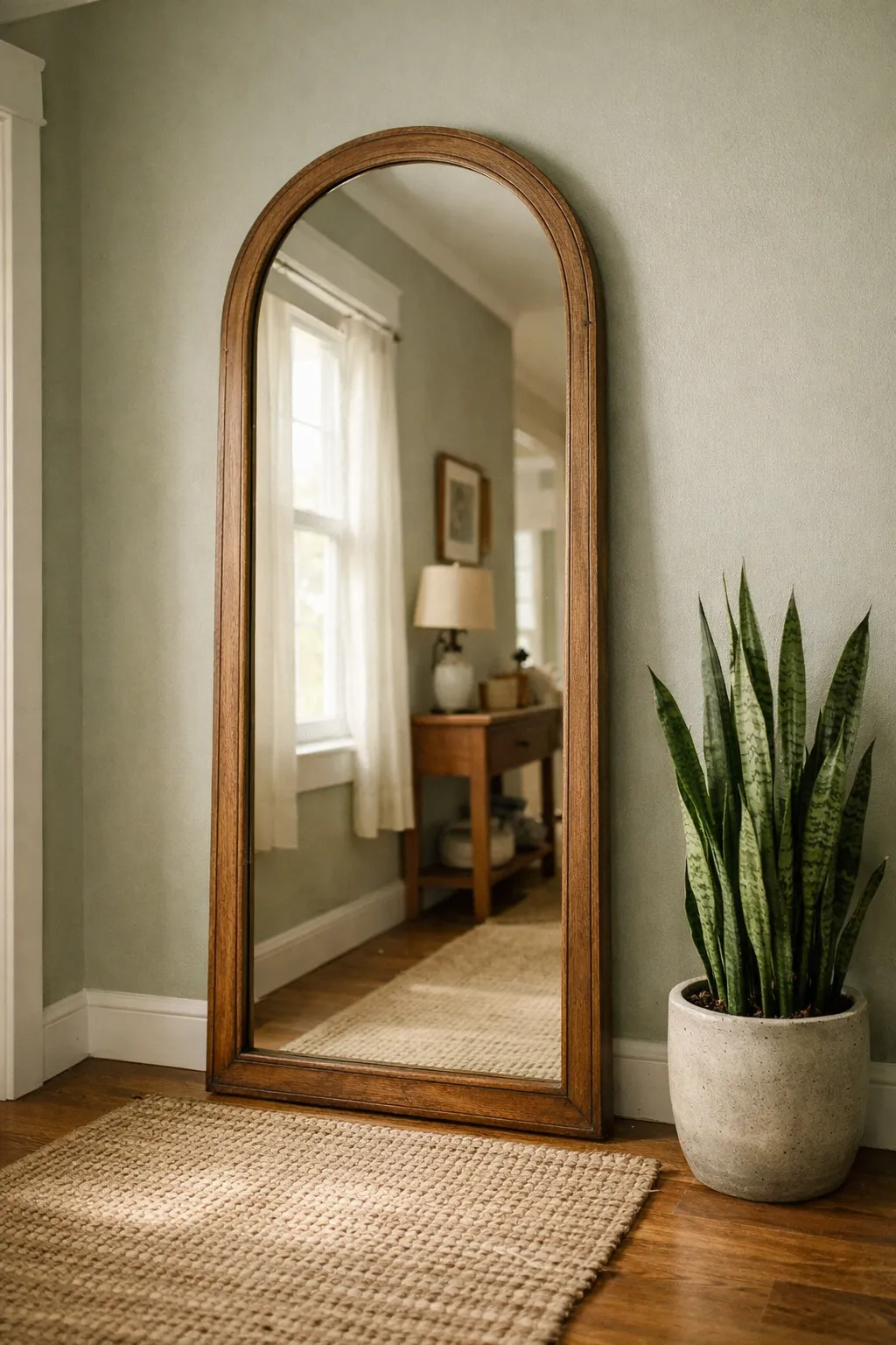Large arched wooden mirror reflecting warm hallway light in bohemian decor.