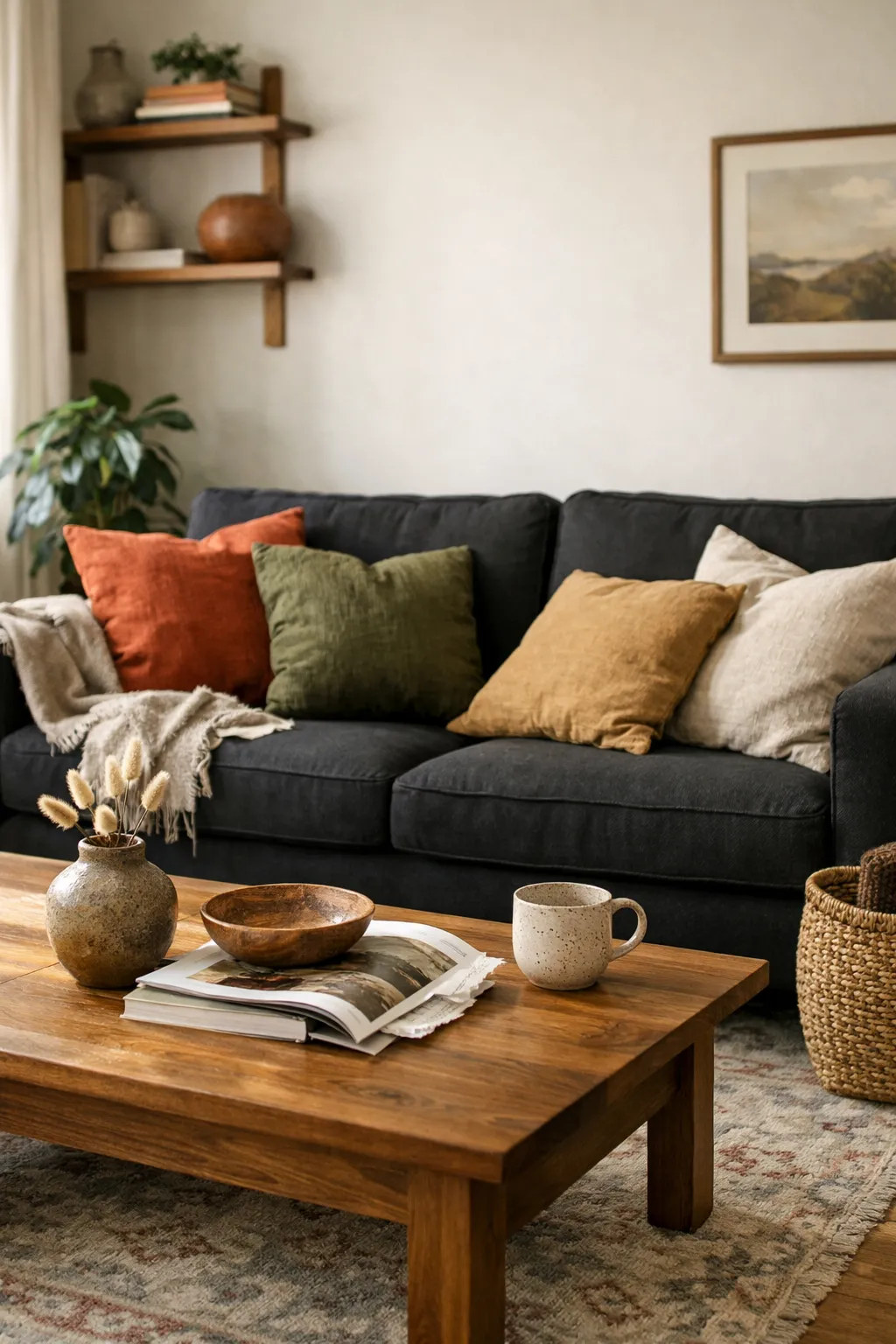 A black sofa living room with walnut wood furniture, earthy pillows, woven textures, and warm natural decor.