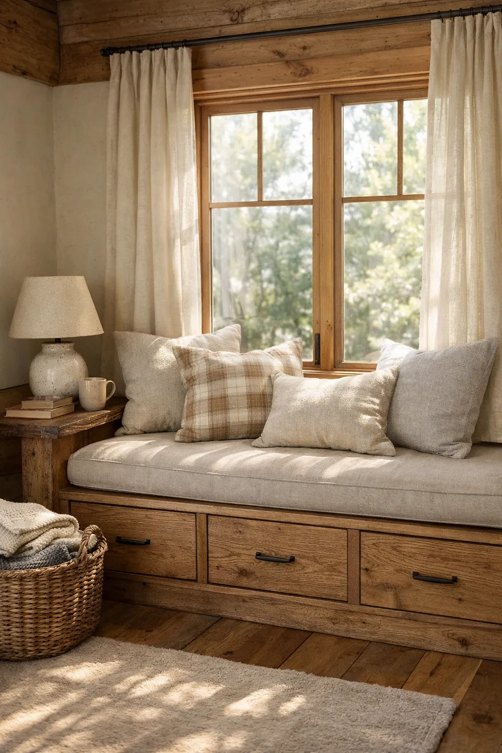 Small cabin window bench with hidden storage and cozy cushions