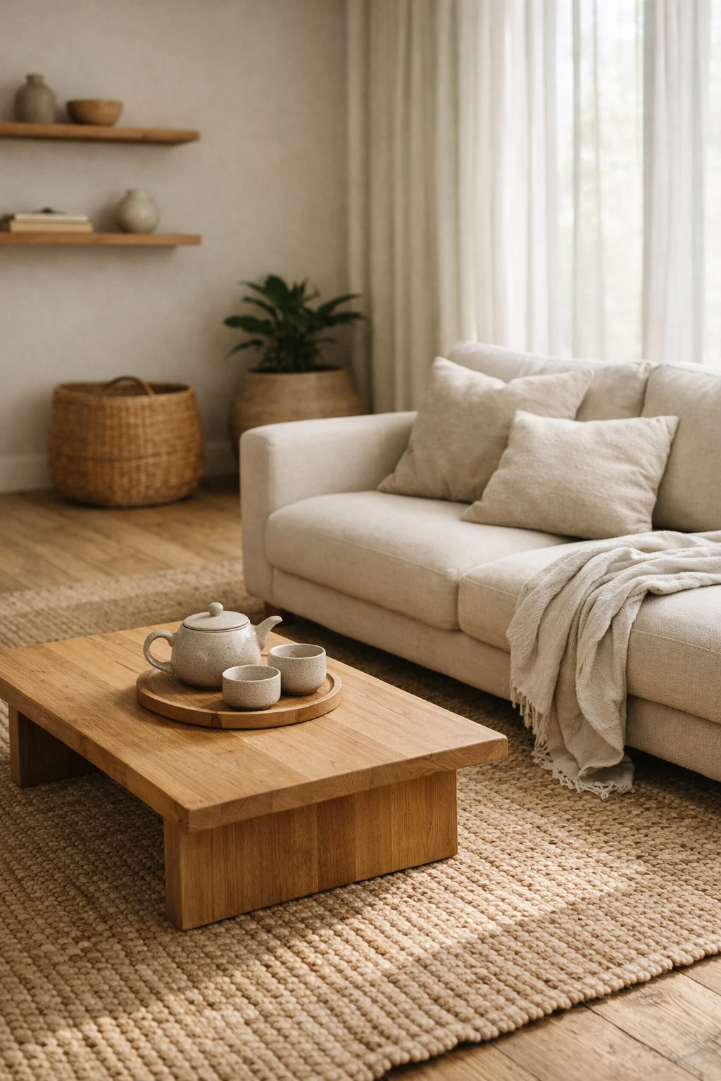 Japandi living room layered with woven rugs, linen pillows, and wood furniture.