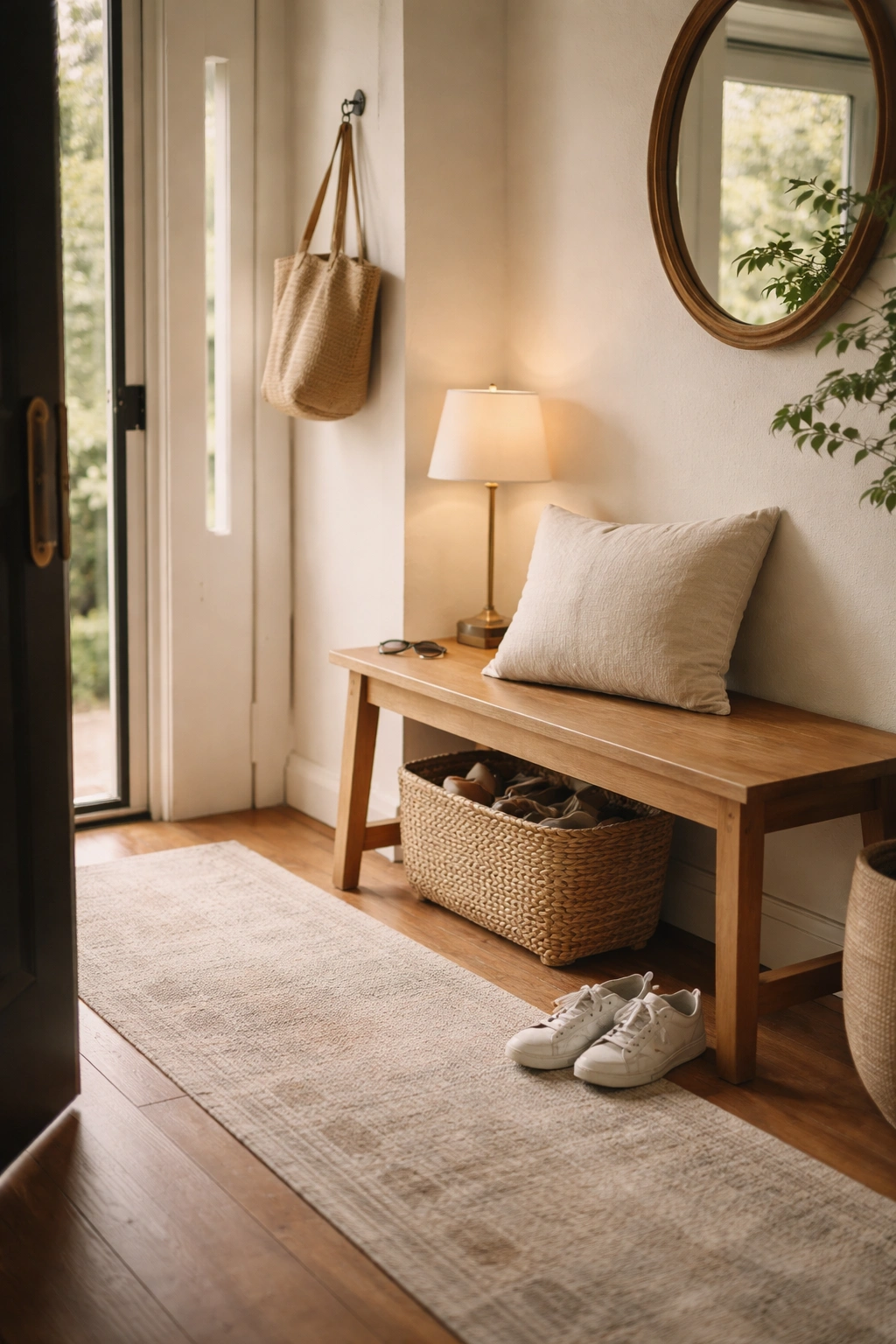 A front entrance with a wooden bench, one pillow, and a basket underneath.