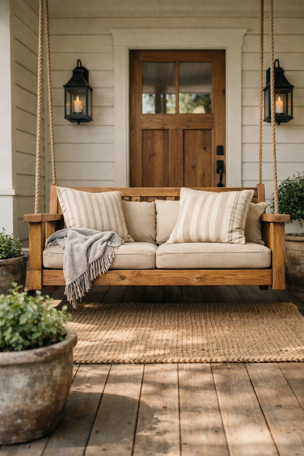 A farmhouse-style front porch swing in natural wood with beige cushions, black lanterns, and rustic planters.