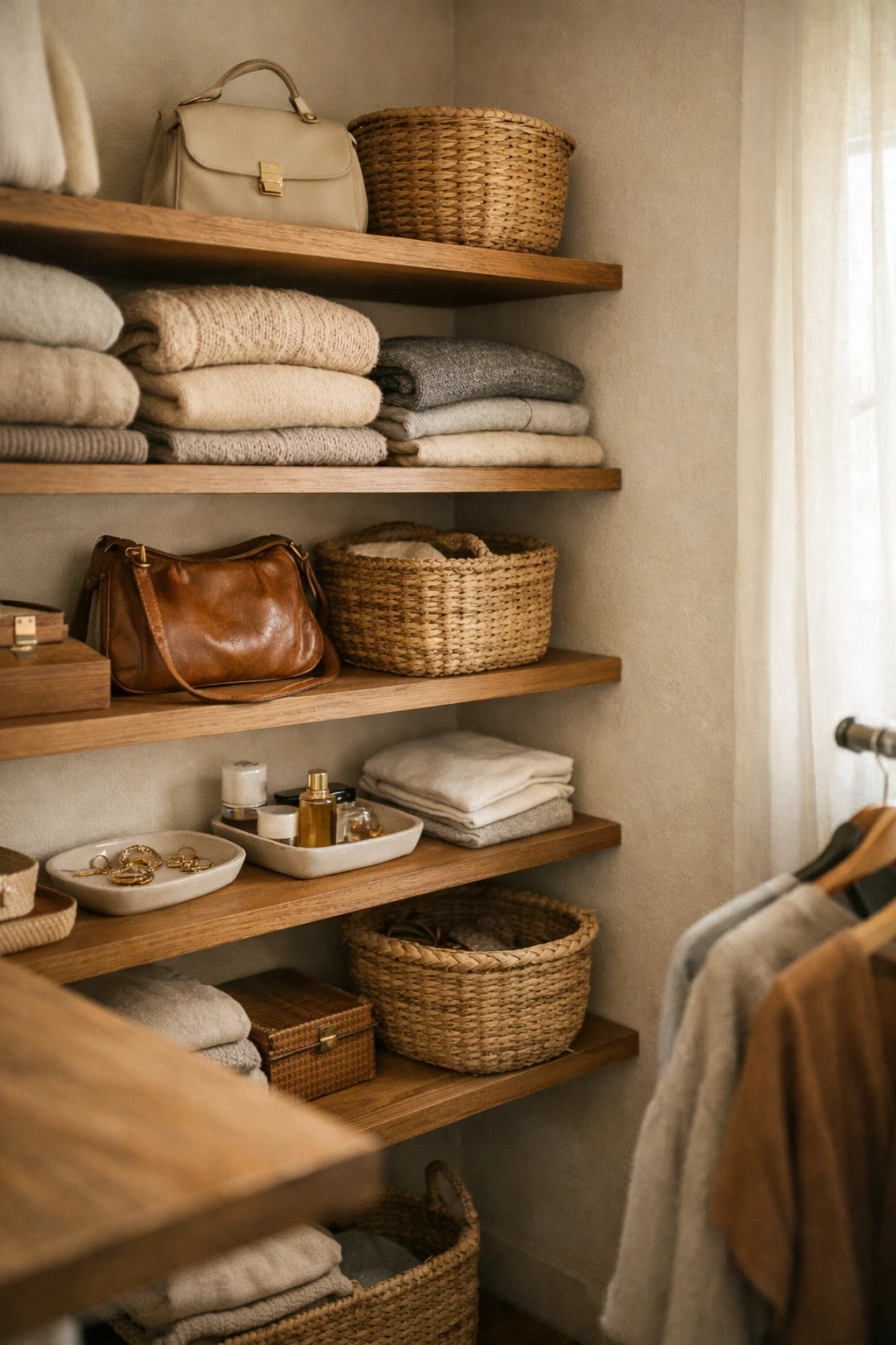 A small corner walk-in closet with floating shelves, handbags, folded clothes, and woven baskets.