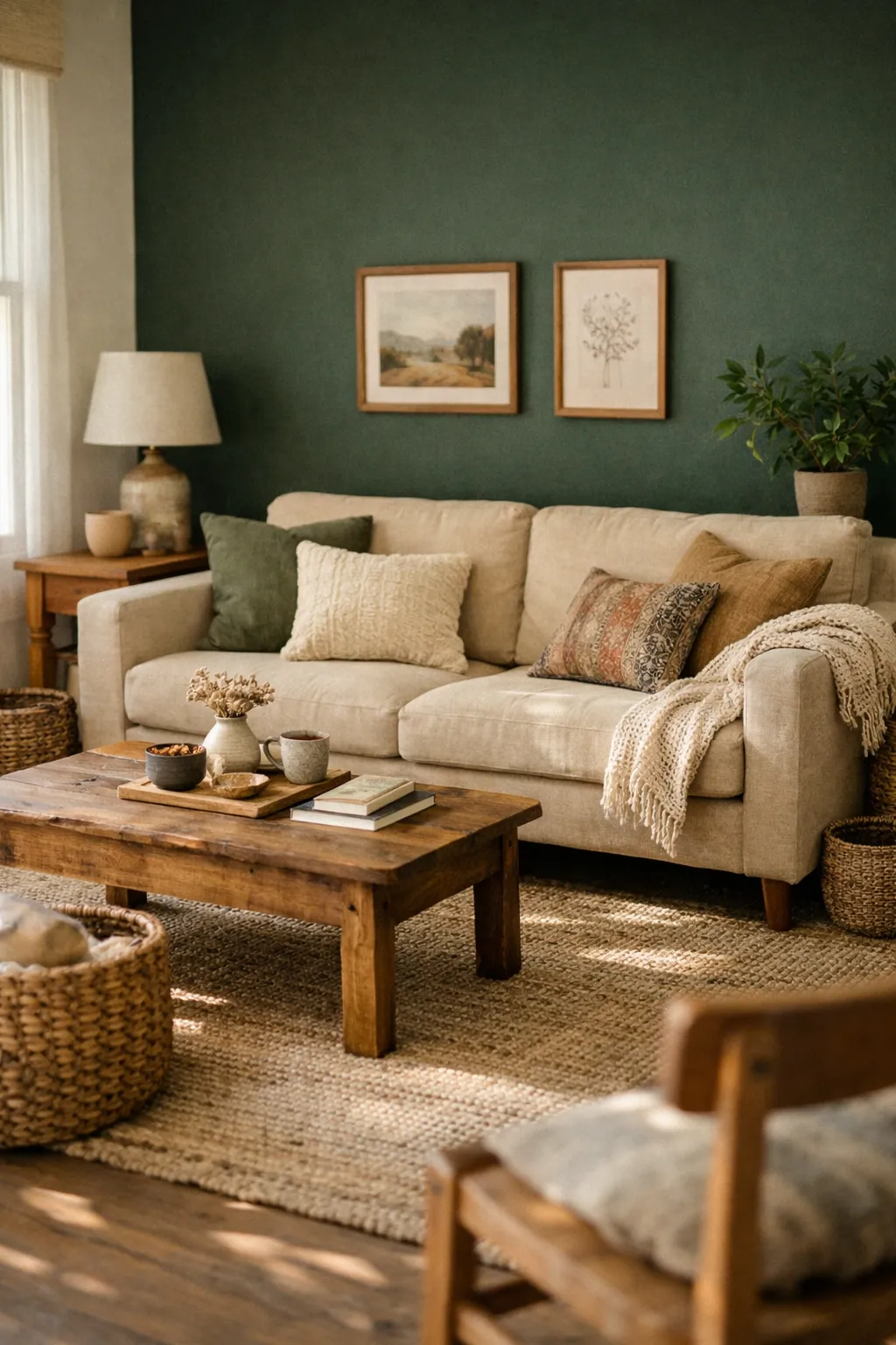 Living room with a deep forest green accent wall behind a neutral sofa.