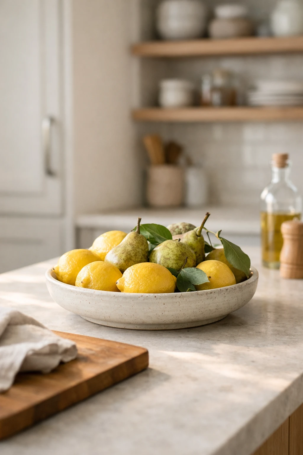 A ceramic fruit bowl with lemons and pears styled on a clean kitchen counter with natural light.