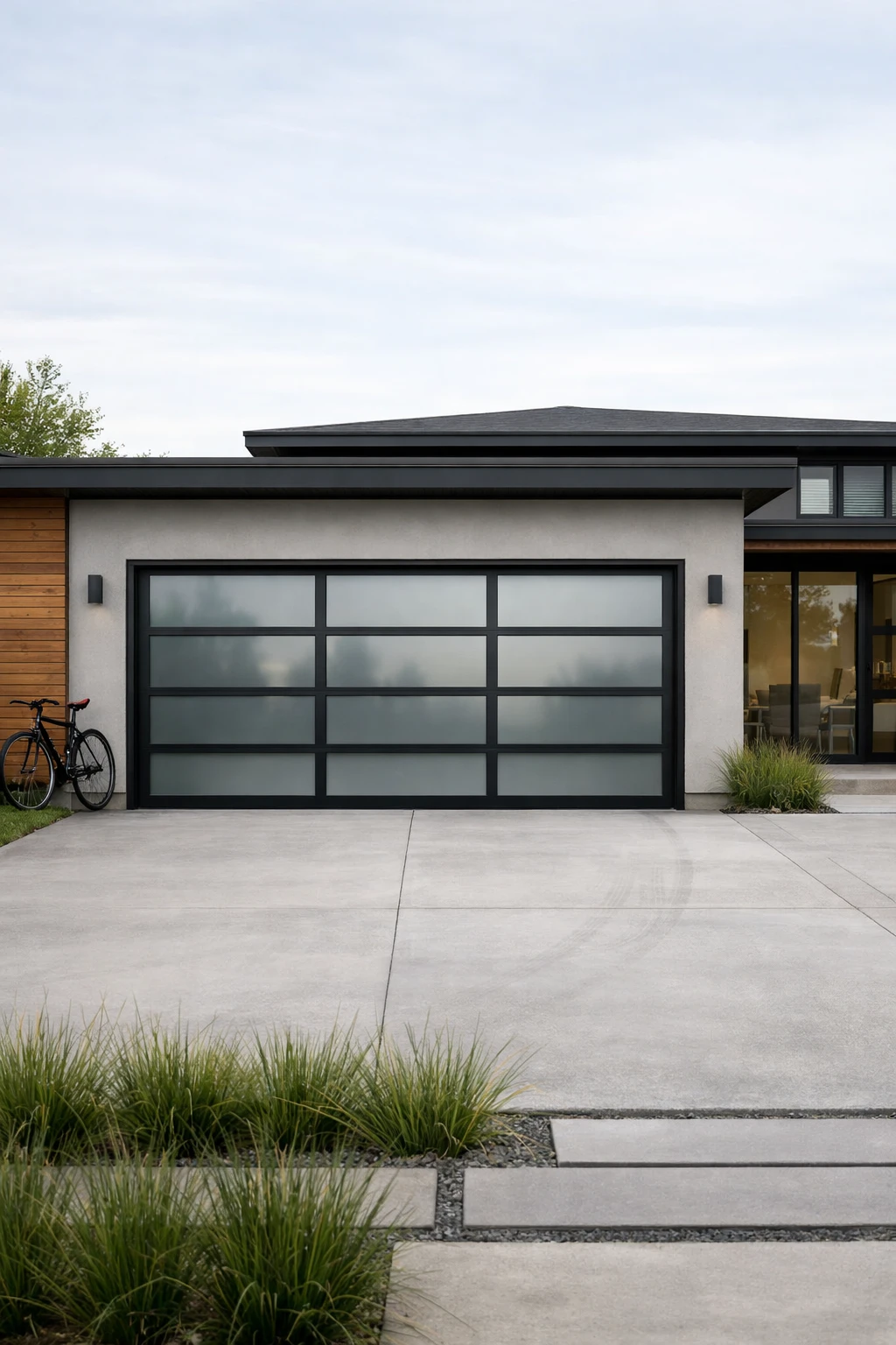 A sleek modern garage with black-framed full-view glass doors and minimalist landscaping.