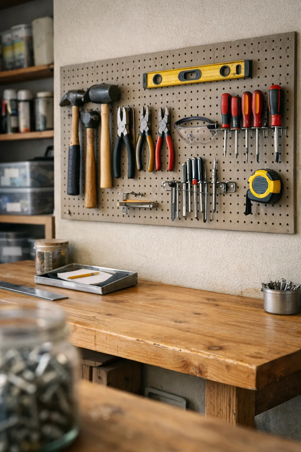 A garage pegboard above a workbench holding hand tools in a clean and practical layout.