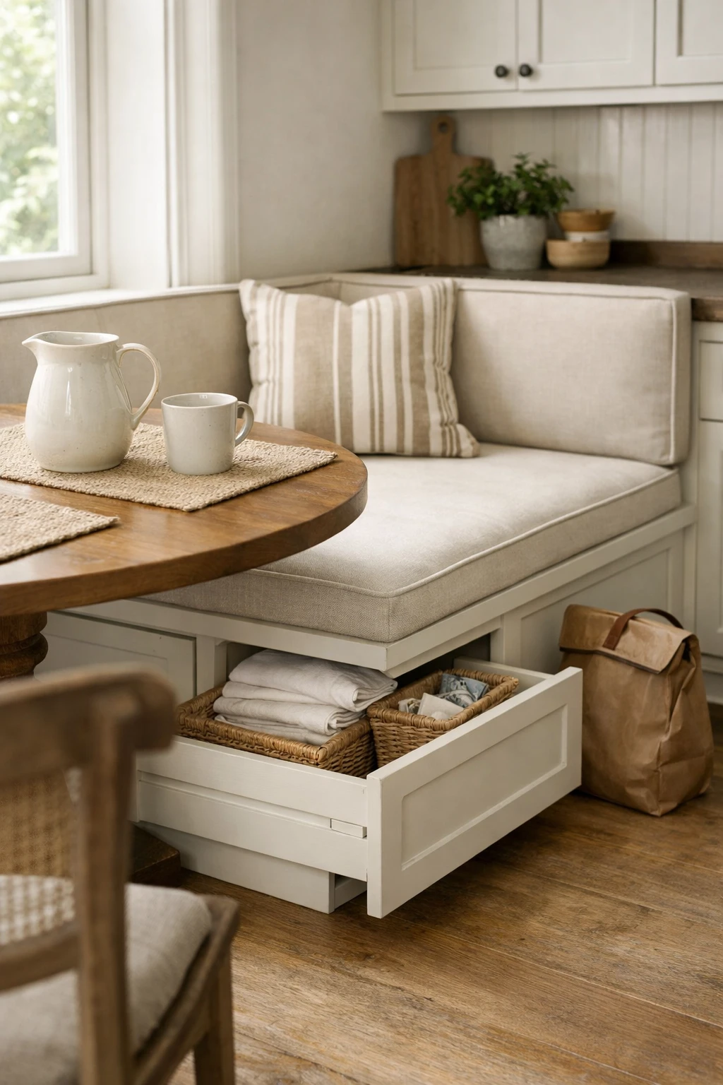 A kitchen banquette with hidden storage drawers under the bench, styled with neutral cushions and simple decor.