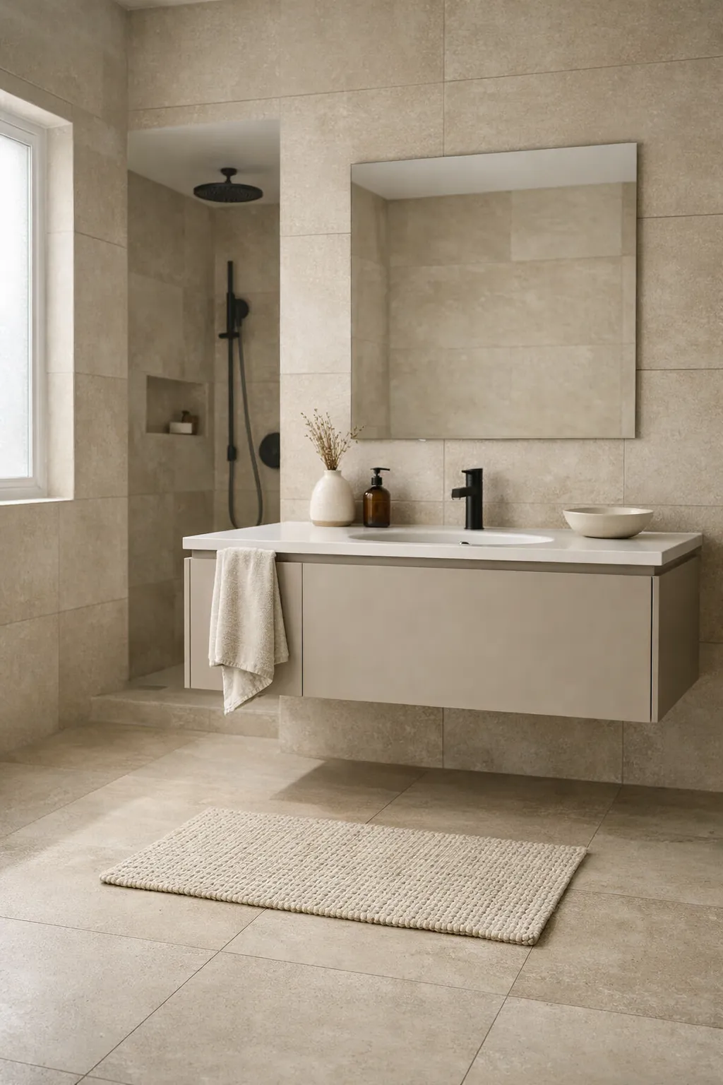 A modern bathroom with large-format neutral tile and a calm seamless finish