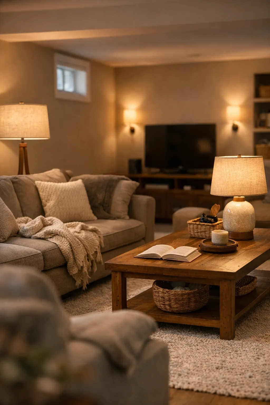 A cozy basement with table lamps, a floor lamp, and wall sconces creating soft layered light.