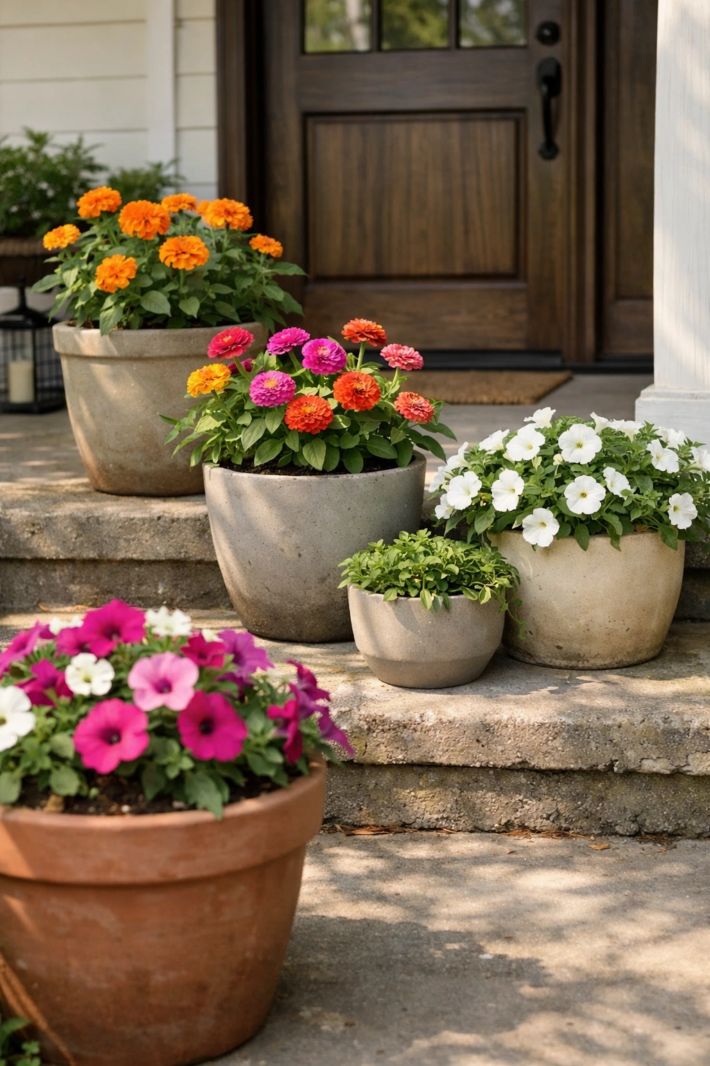 Mixed flower pots in different sizes are styled in layers along front porch steps.