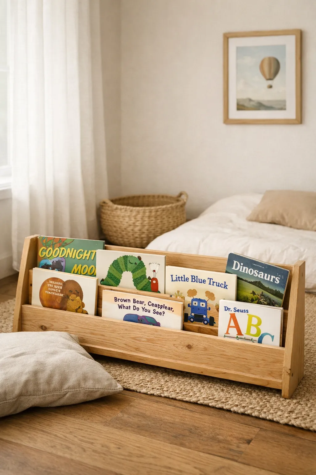 A child’s Montessori bedroom with a low front-facing bookshelf and cozy reading area beside the bed.