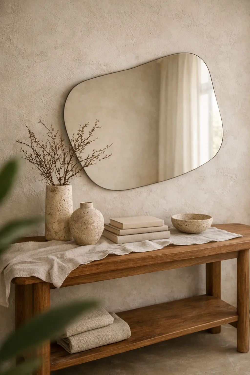Organic modern console table with travertine decor, asymmetrical mirror, and dried branches.