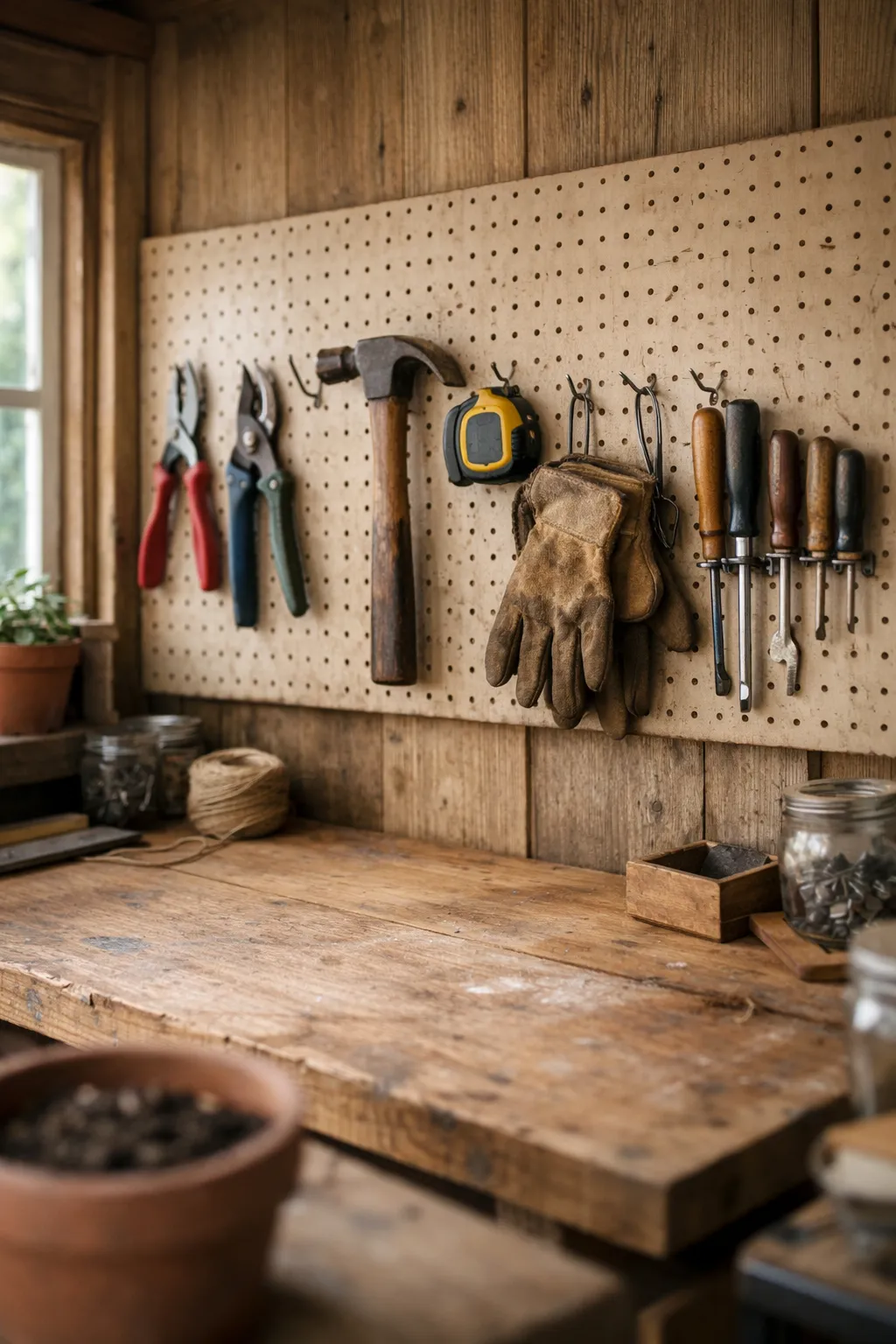 Pegboard wall organizing small hand tools inside a compact backyard shed.Pegboard wall organizing small hand tools inside a compact backyard shed.