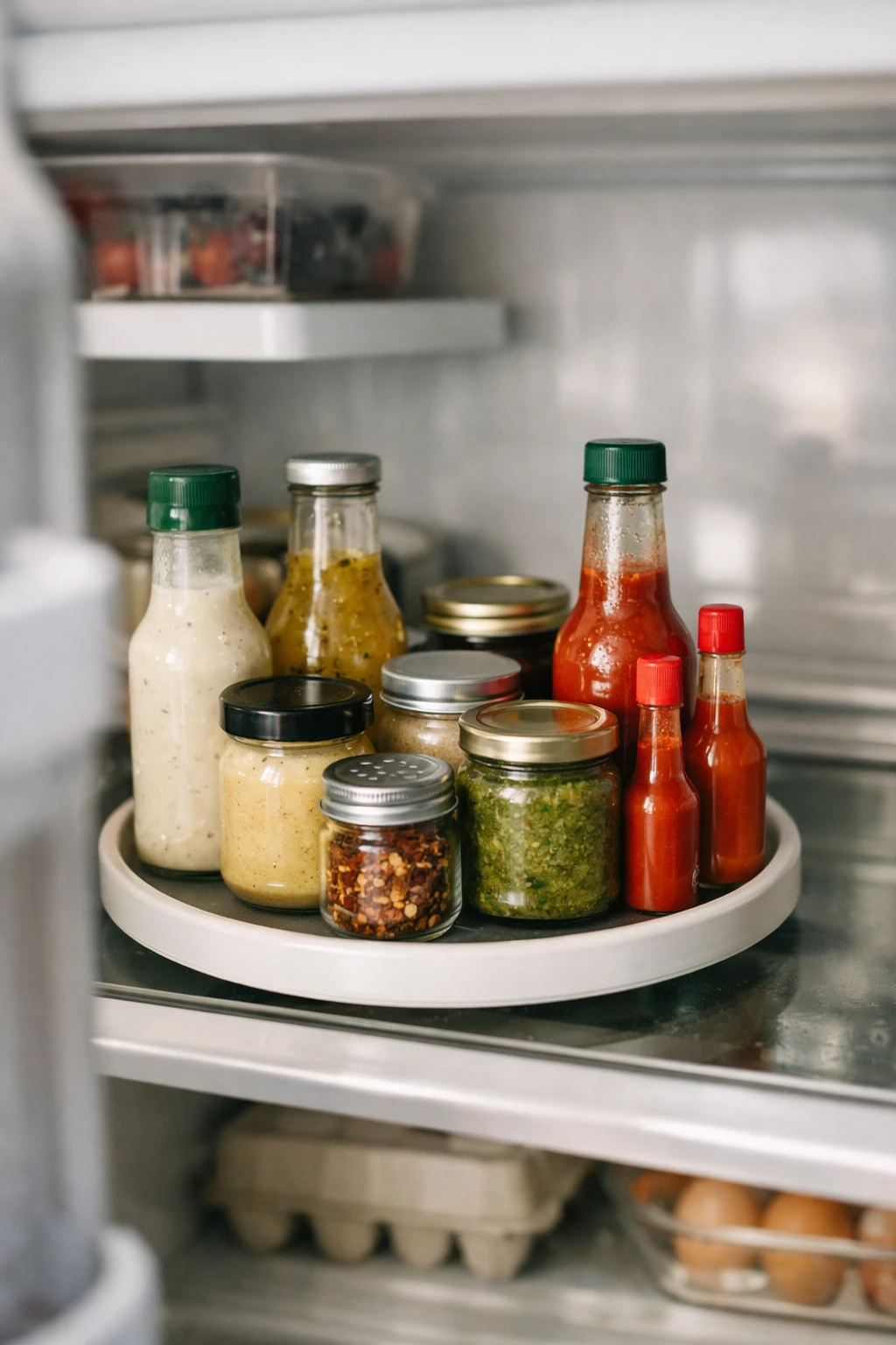 Turntable inside refrigerator holding jars and sauce bottles