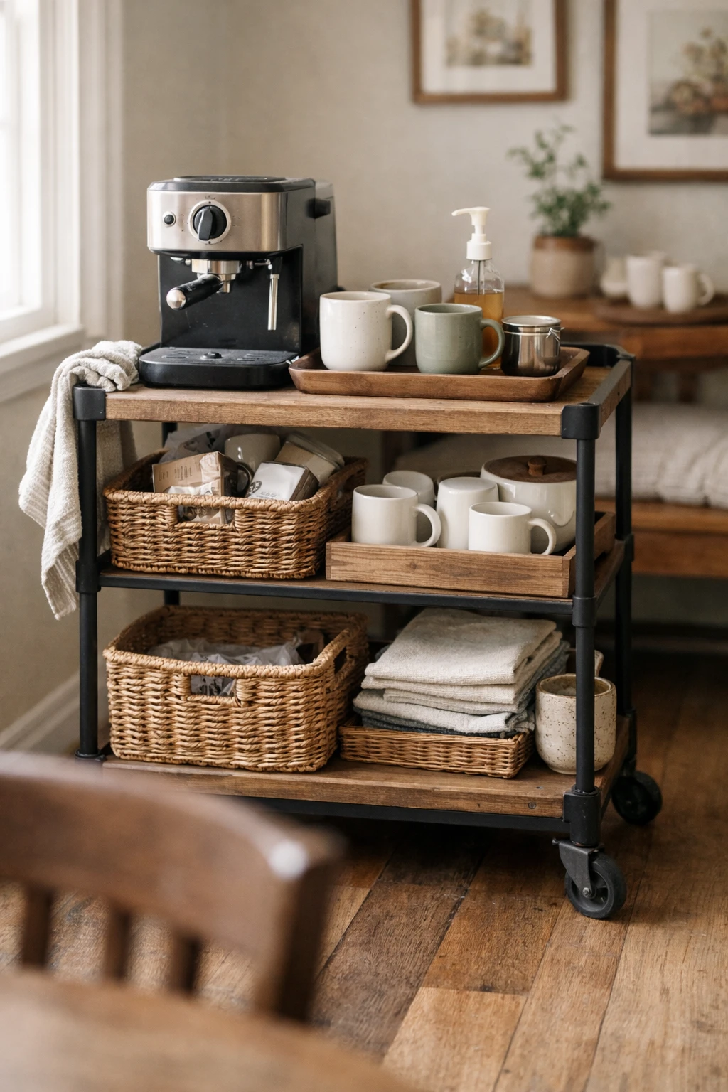 A rolling cart coffee bar with mugs, a coffee maker, and lower shelf storage in a cozy home setting.