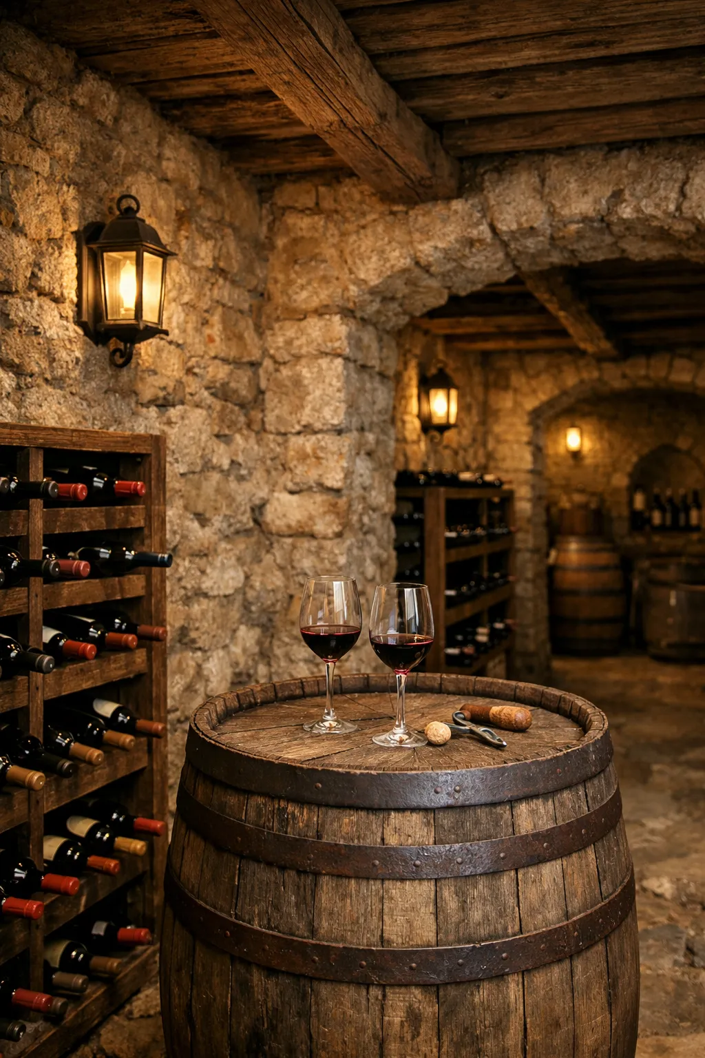 Rustic basement wine cellar with stone walls, wooden racks, and warm lantern lighting.