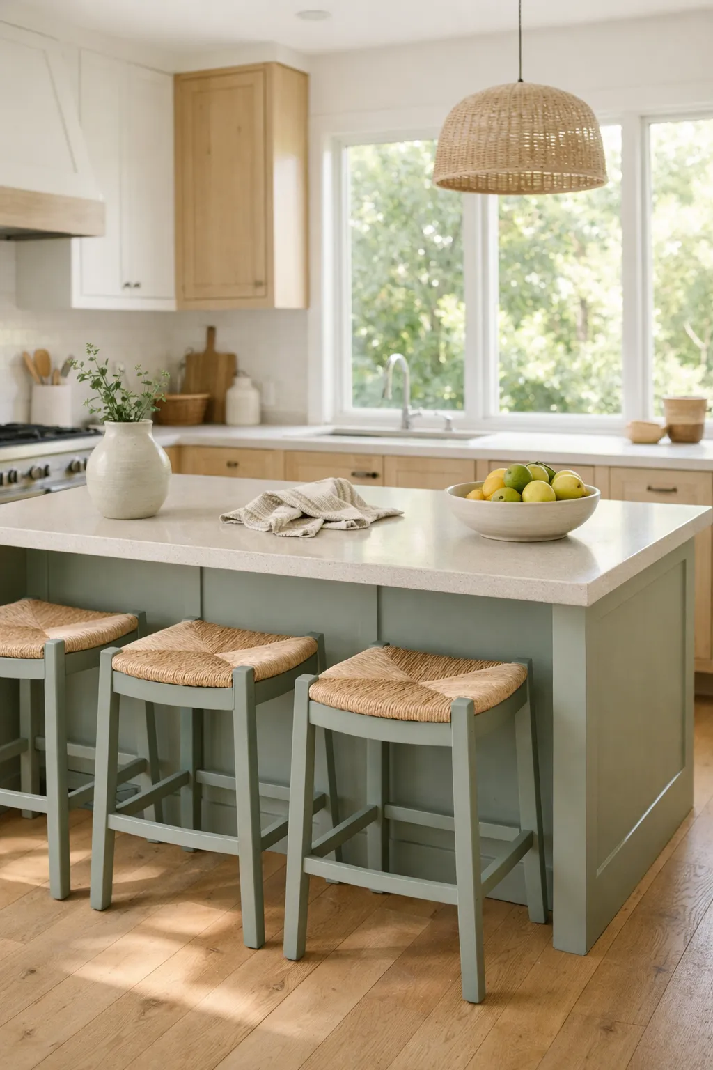 A bright solarium kitchen with soft sage accents, wood finishes, and natural daylight flowing through large windows.
