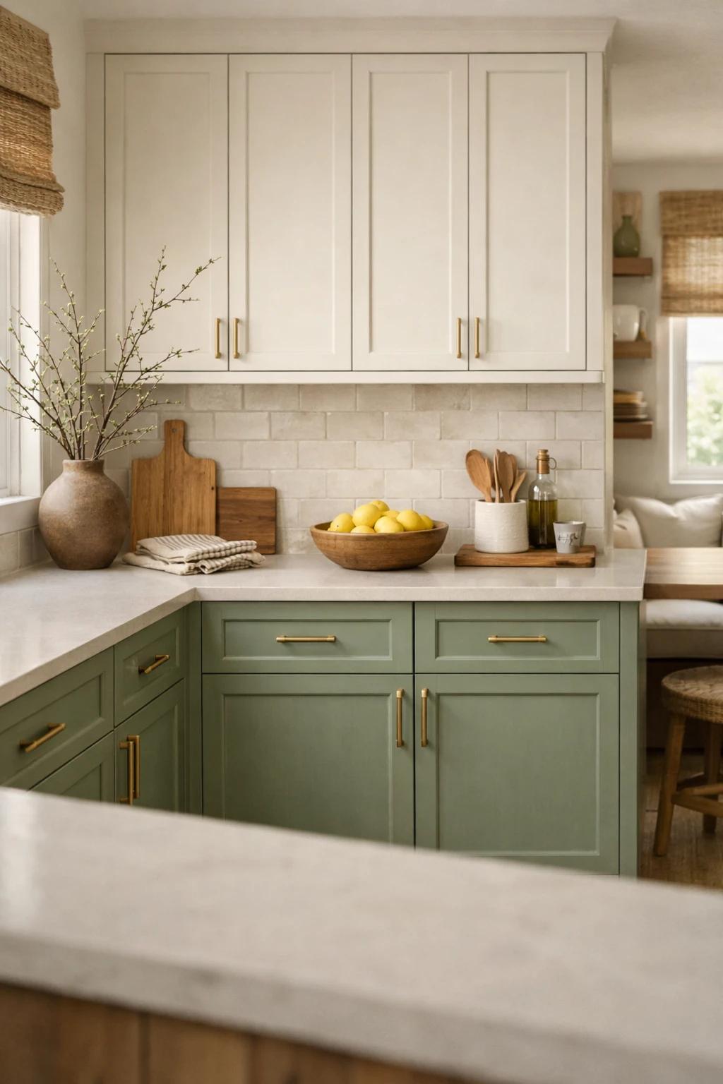 A soft kitchen with sage green cabinets, cream cabinets, brass hardware, and warm natural light.