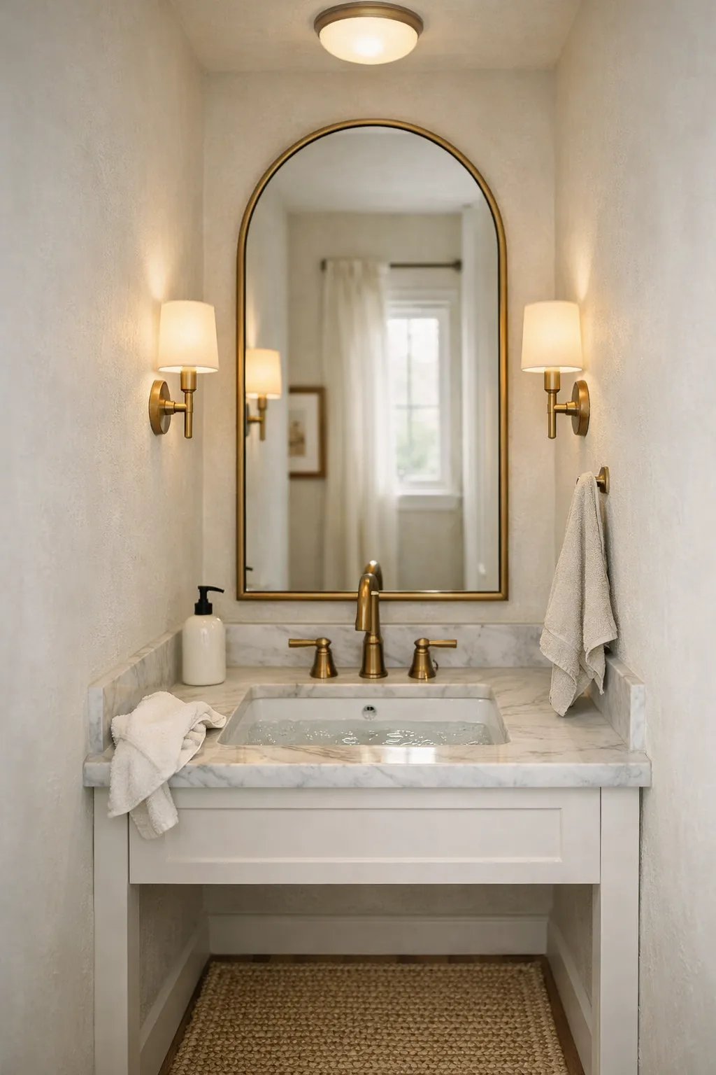 A tiny powder room styled with a large framed mirror to make the space feel brighter and bigger.