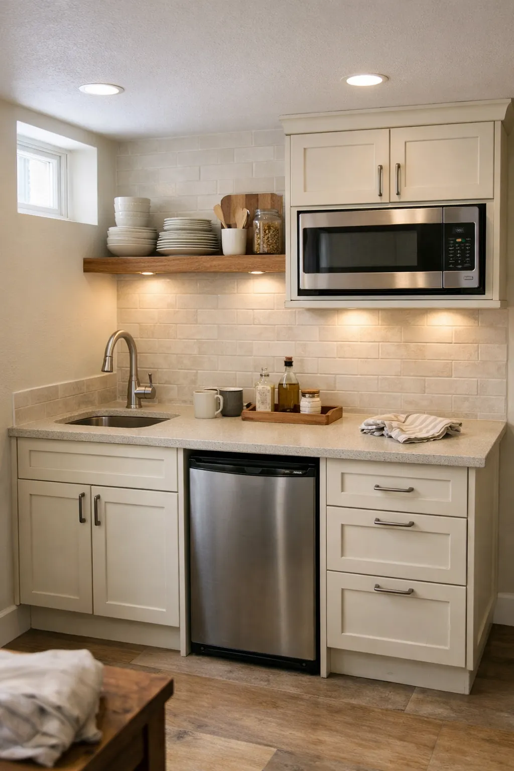 A compact single-wall basement kitchenette with built-in storage and a clean practical layout.