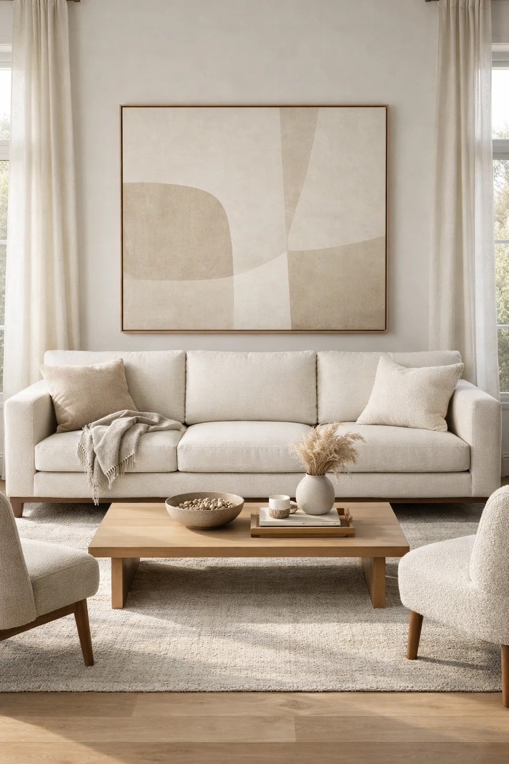 A luxury living room centered around a large tailored sofa in a soft textured fabric.