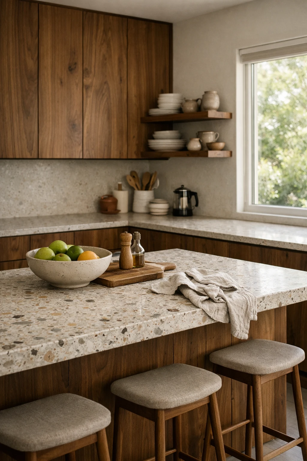 Mid century modern kitchen with terrazzo countertop and walnut cabinetry