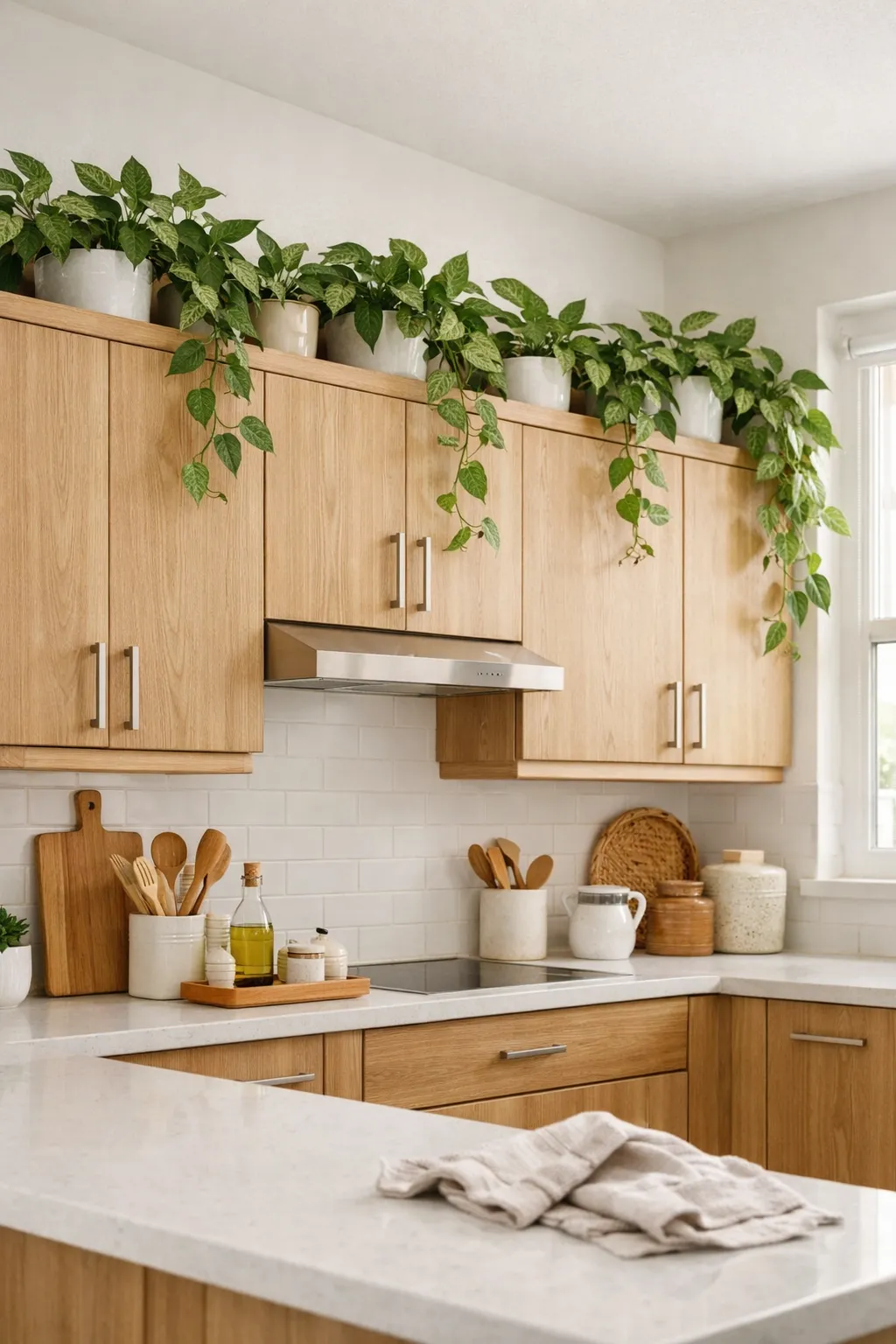 Green trailing plants cascading above modern kitchen cabinets.
