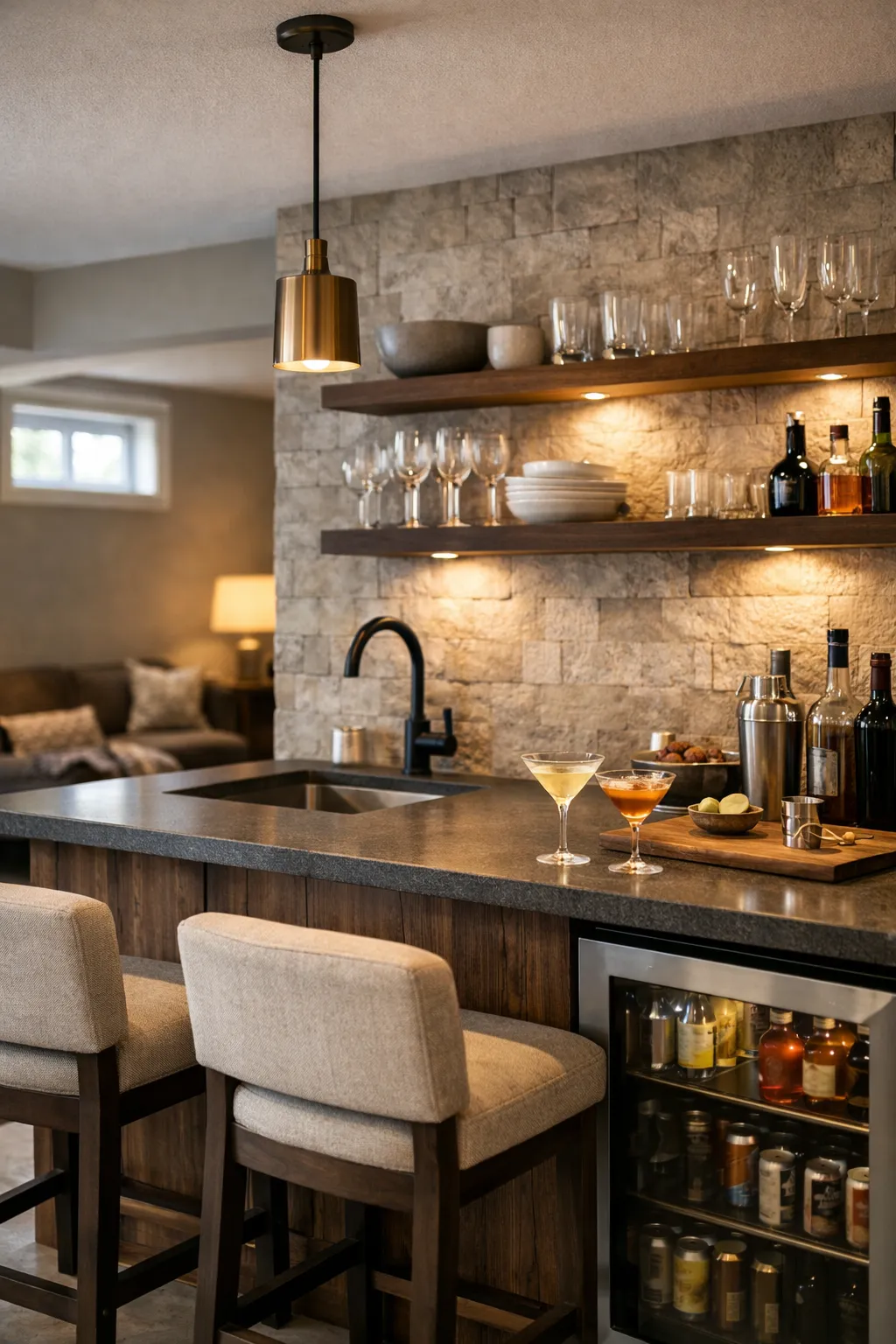 A basement wet bar kitchenette with a beverage fridge, sink, shelving, and serving counter.