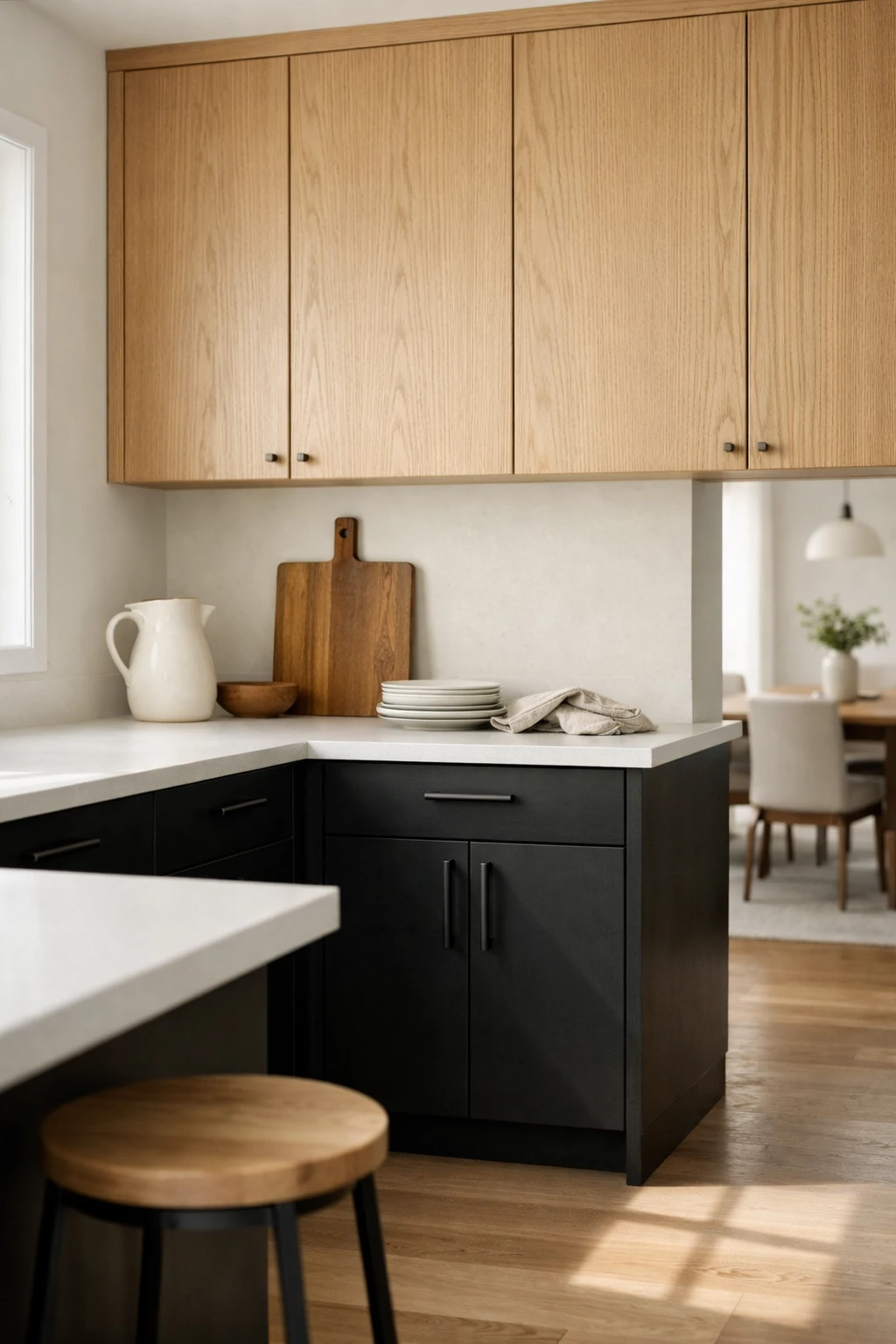 A modern kitchen with matte black lower cabinets, natural oak upper cabinets, and bright white counters.