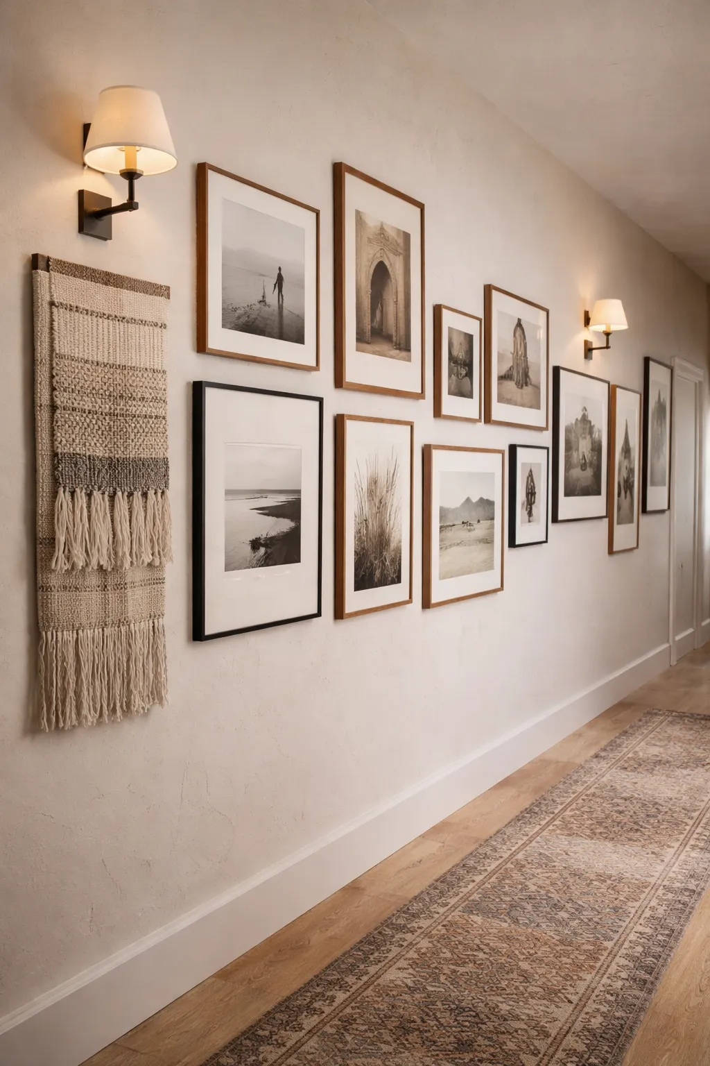 Bohemian hallway gallery wall with mixed art and natural wood frames.