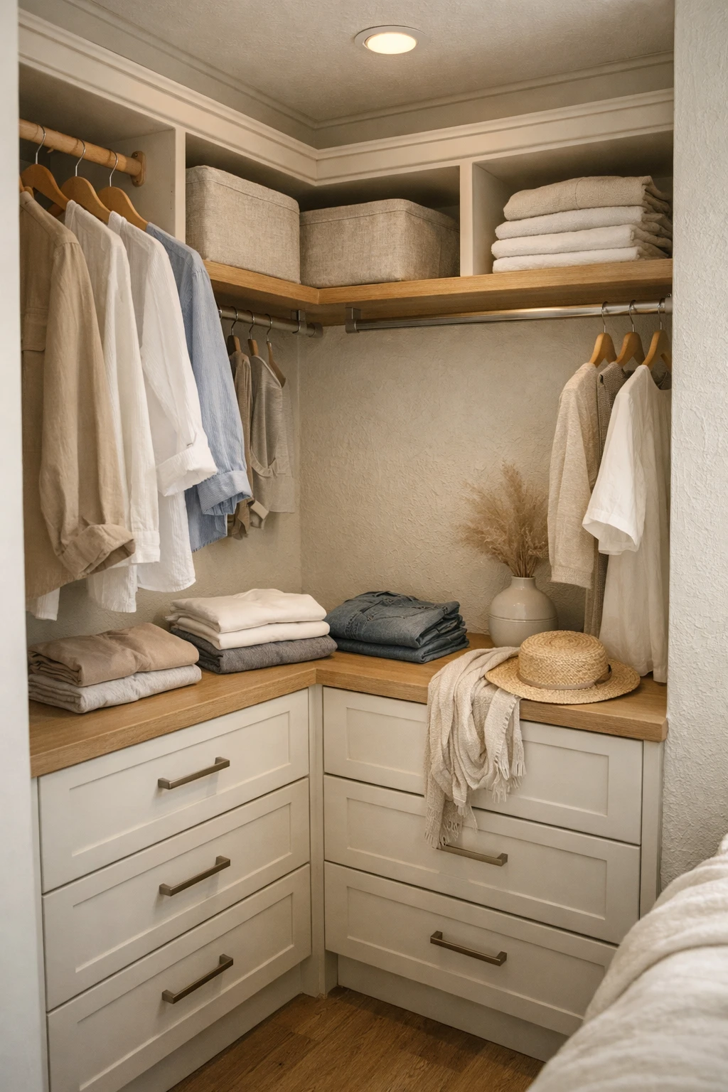A small walk-in corner closet with built-in drawers under hanging storage and neutral finishes.