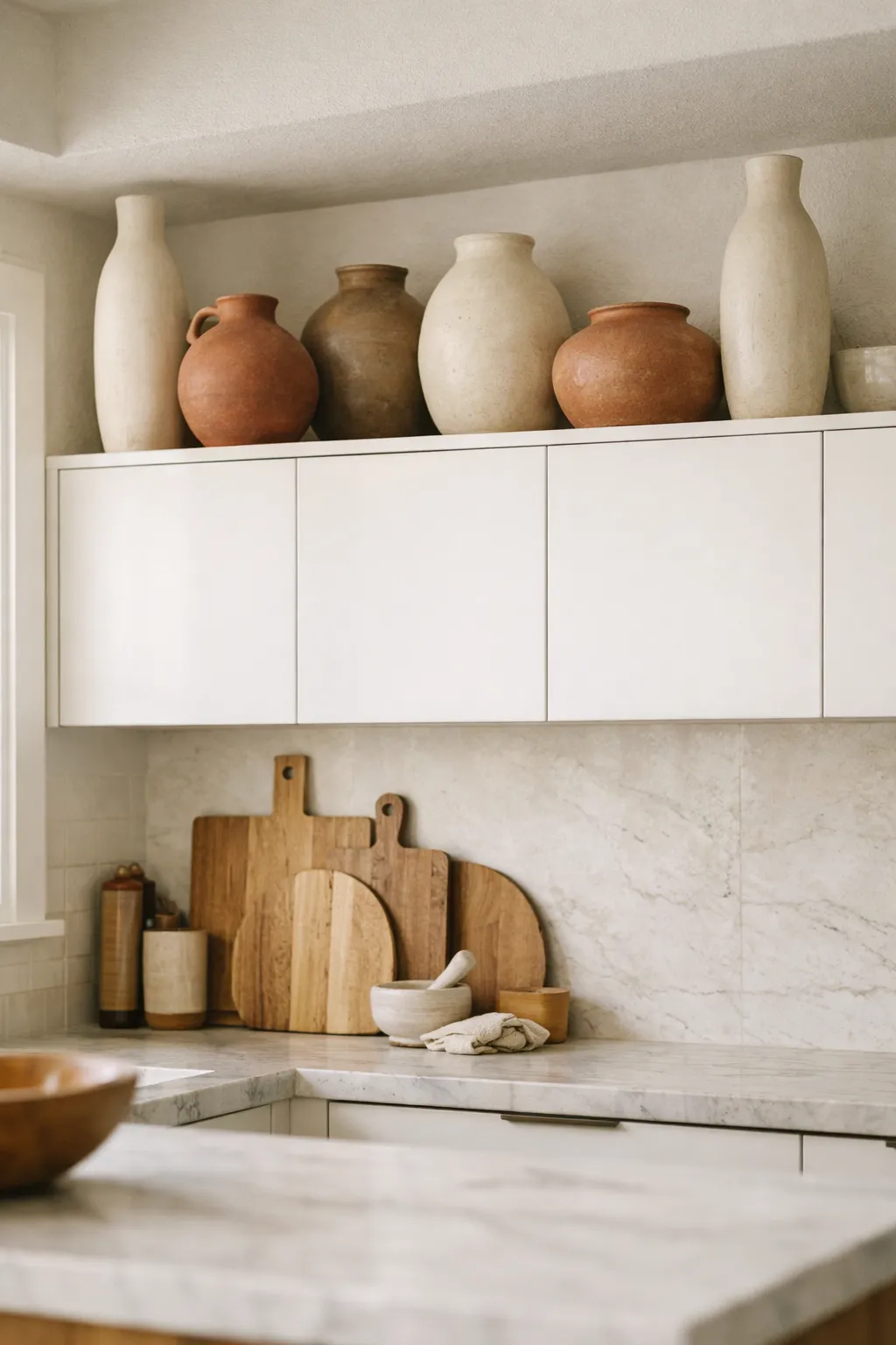 Neutral ceramic vases arranged above kitchen cabinets in a modern kitchen.