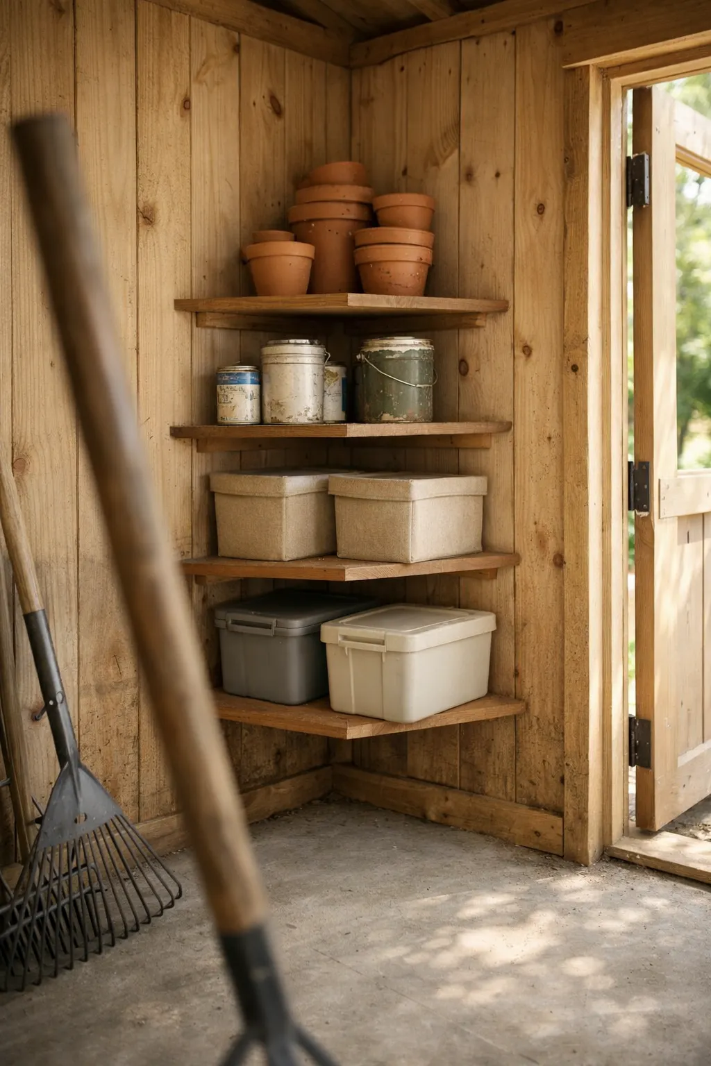 Triangular corner shelves holding garden pots and paint cans inside a shed.