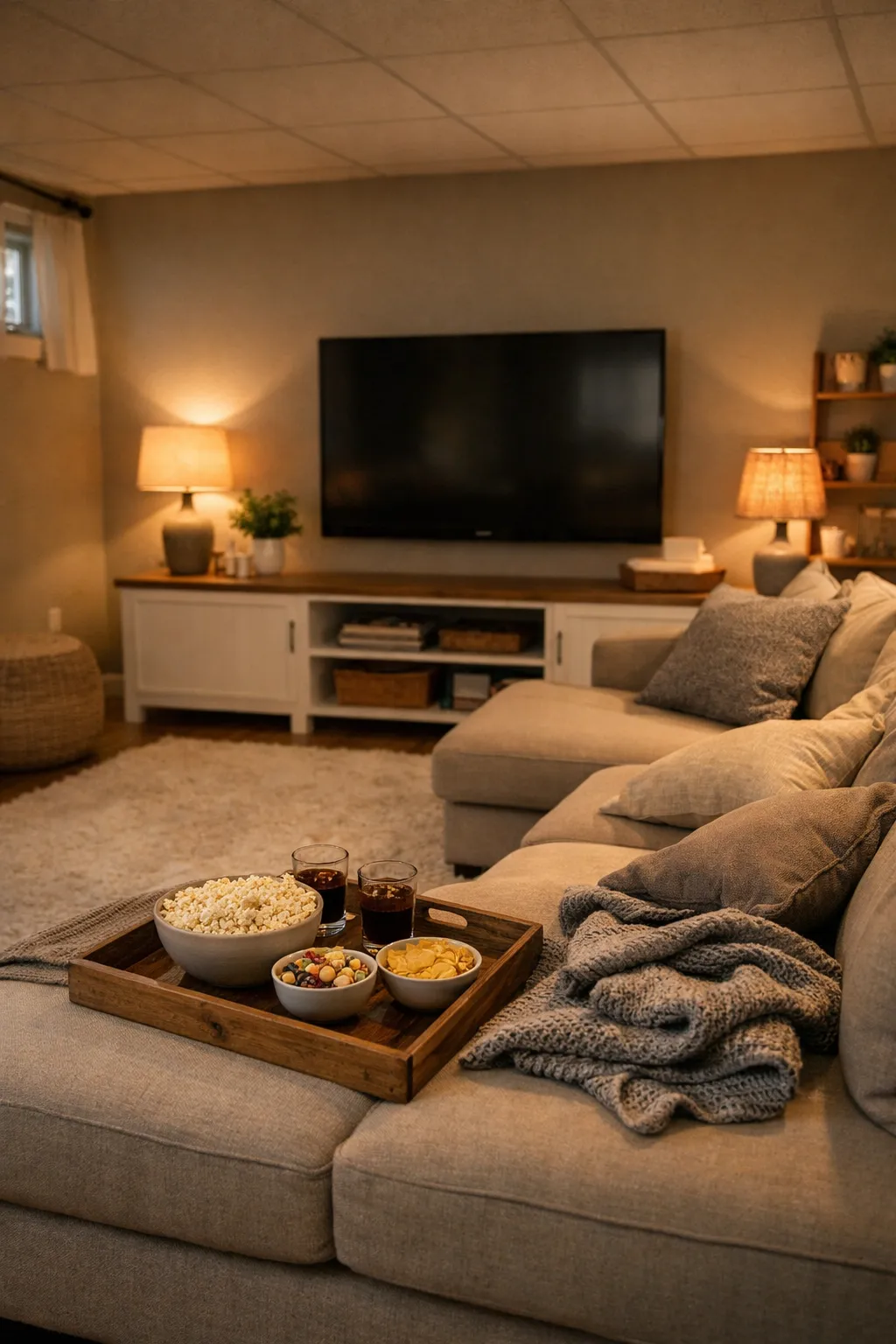 A basement family room with dim lighting, cozy seating, and a warm movie night atmosphere.
