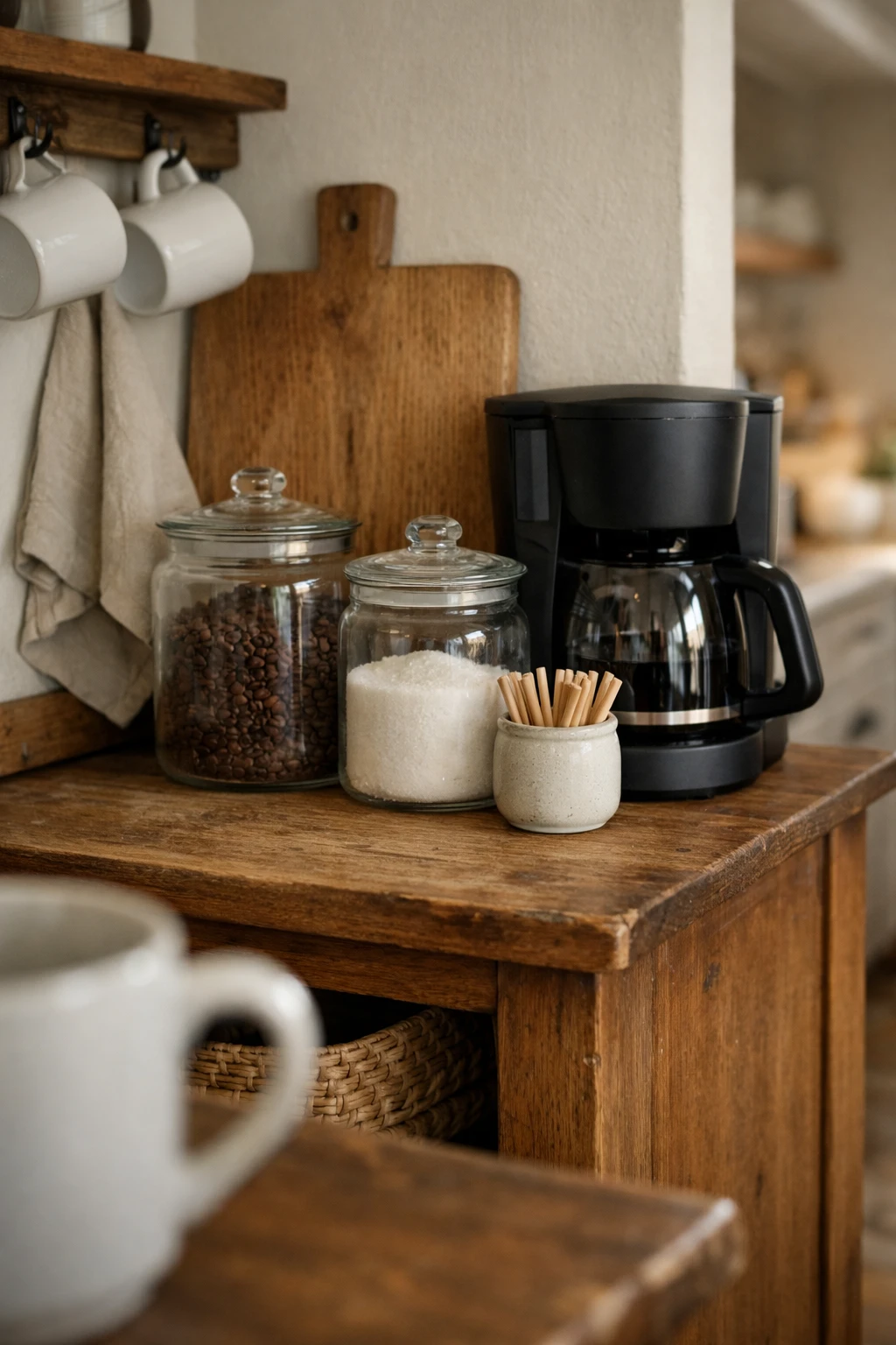 A farmhouse-style coffee bar with warm wood tones, white mugs, glass jars, and rustic accents.