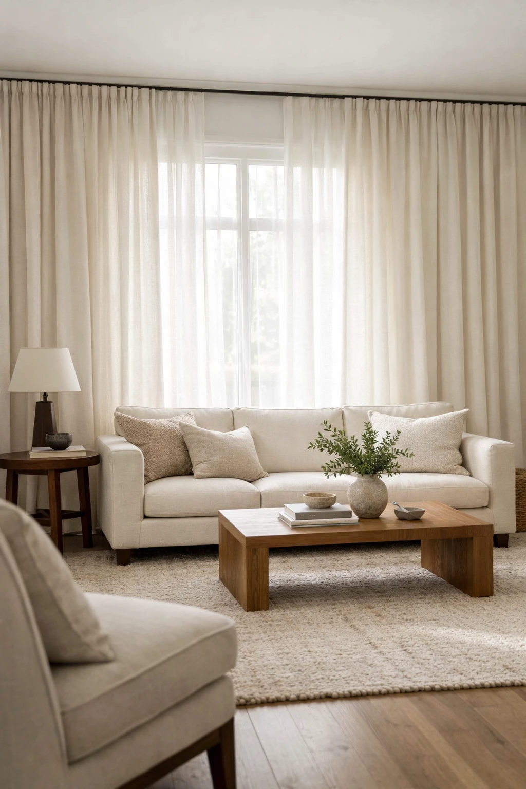 A luxury living room with tall linen drapes hung high and wide around large windows.