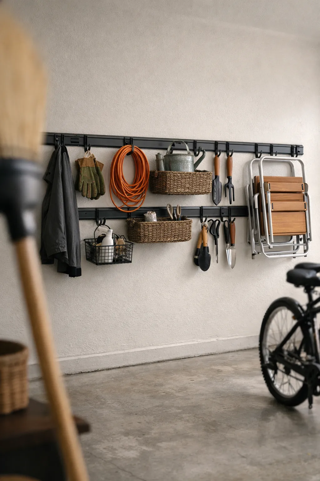 A modern garage wall track system with hooks, baskets, and hanging household gear.