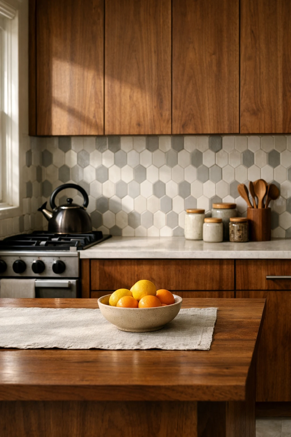 Mid century modern kitchen with geometric tile backsplash and wood cabinets