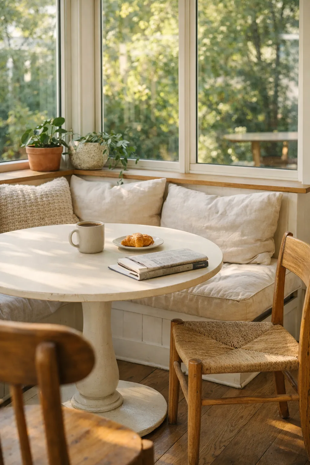 A cozy breakfast nook in a sunlit kitchen corner with windows, a round table, and soft natural textures.