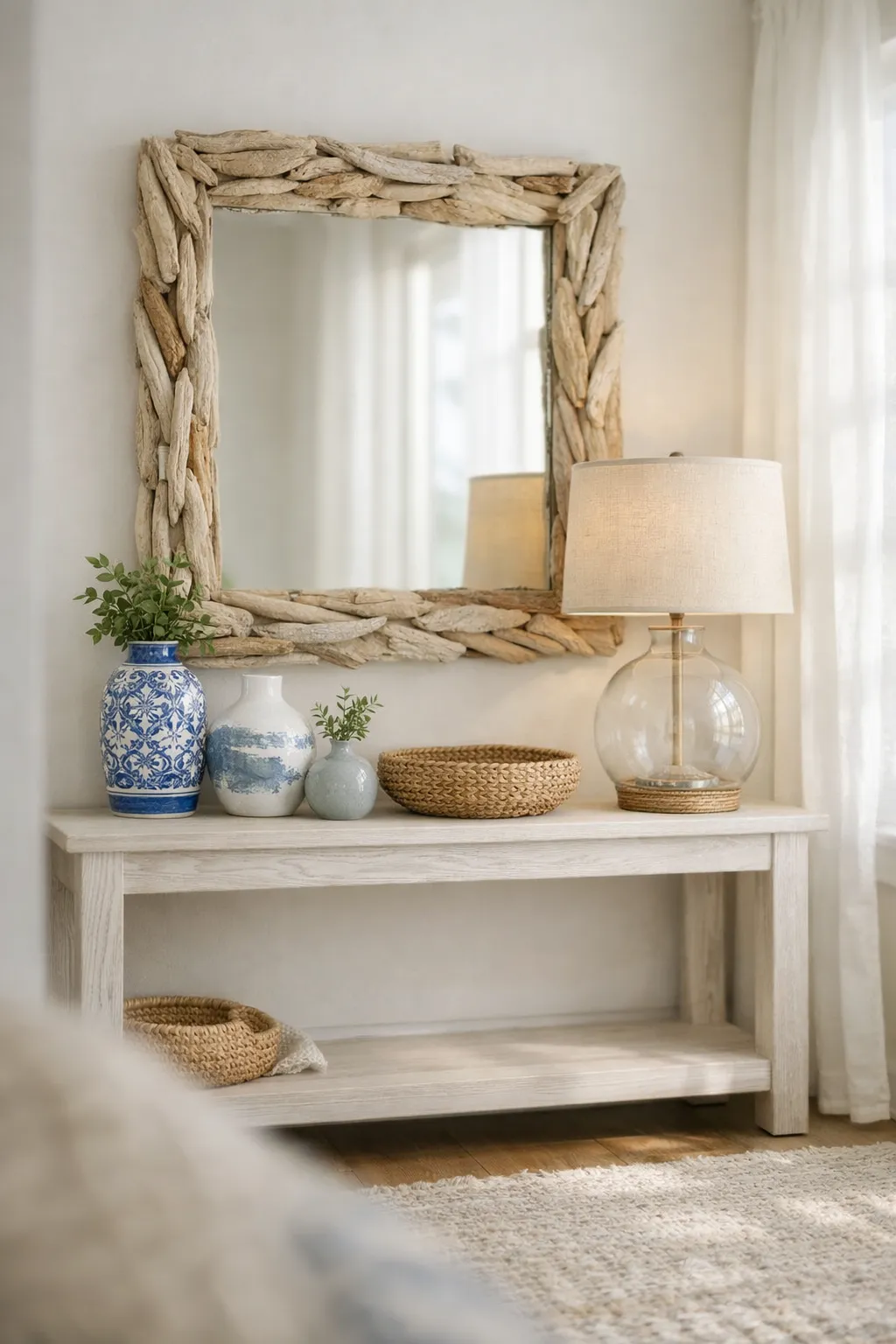 Coastal console table with blue and white ceramics, driftwood mirror, and woven accents.