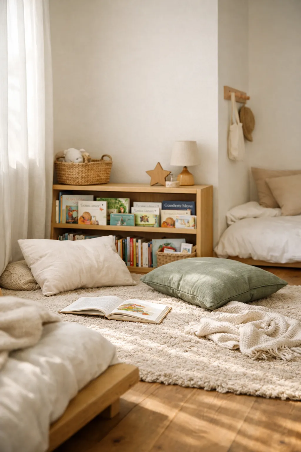 A cozy Montessori reading nook with floor cushions, a low bookshelf, and soft natural light in a child’s bedroom.