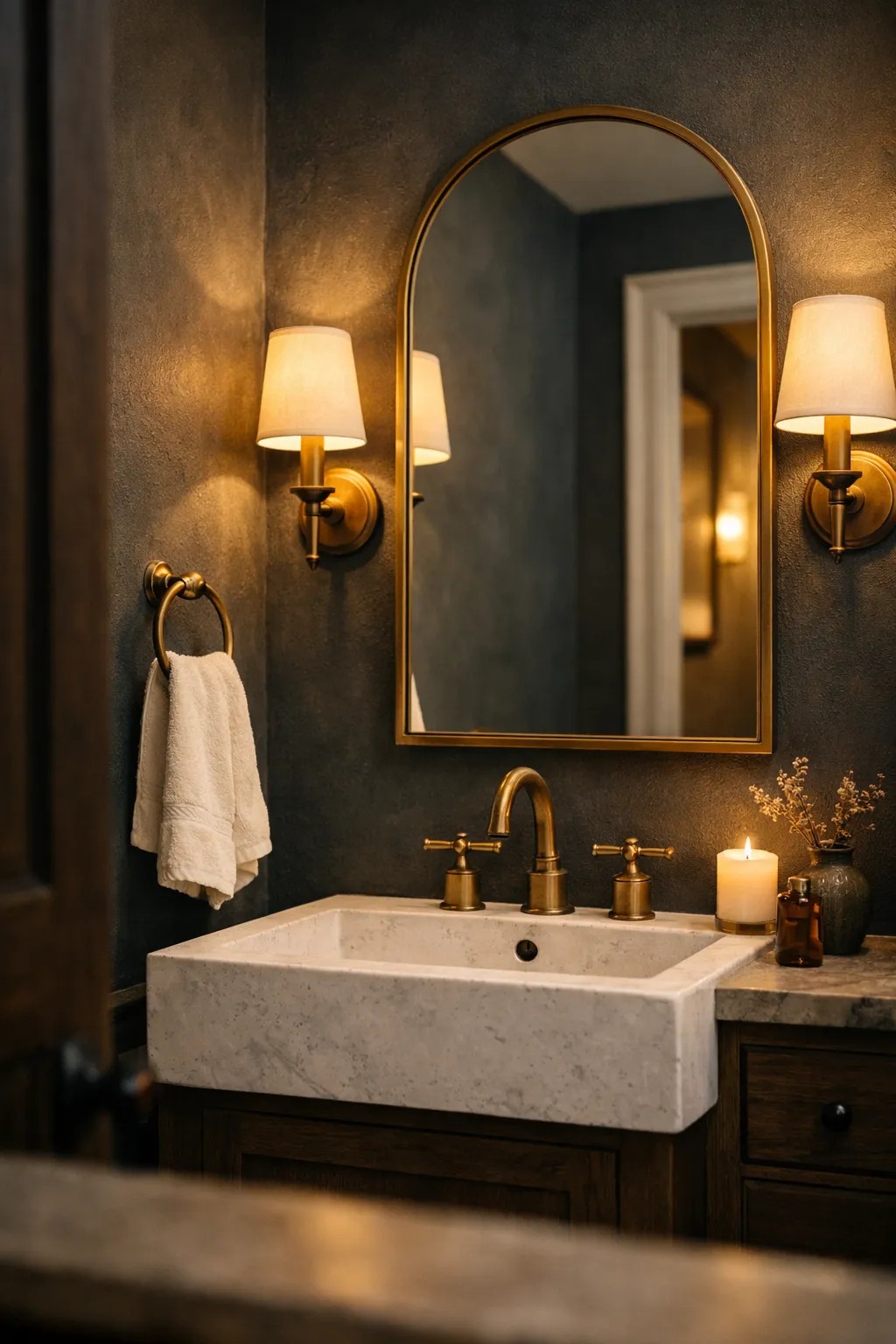 moody small powder room with dark painted walls, brass lighting, and a white sink.