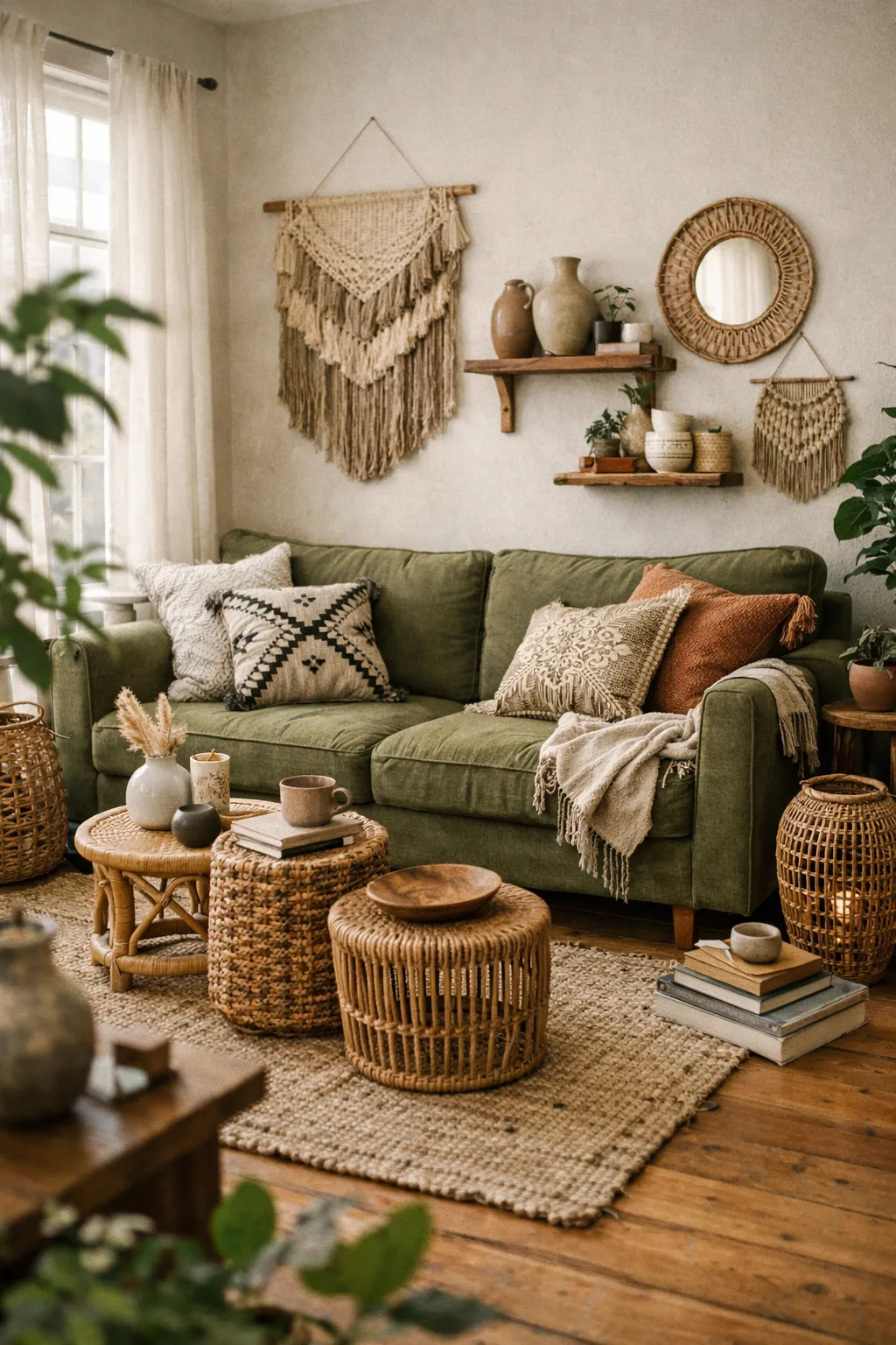 Bohemian living room with olive green seating, plants, and woven decor.