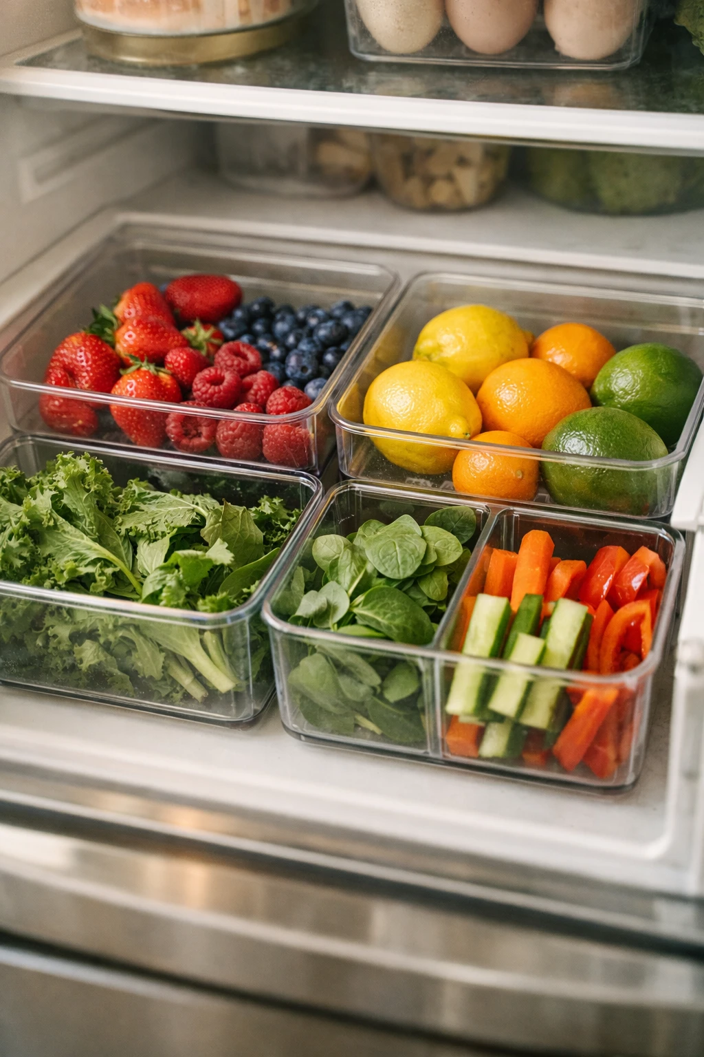 Refrigerator crisper drawers neatly divided with fruits and vegetables